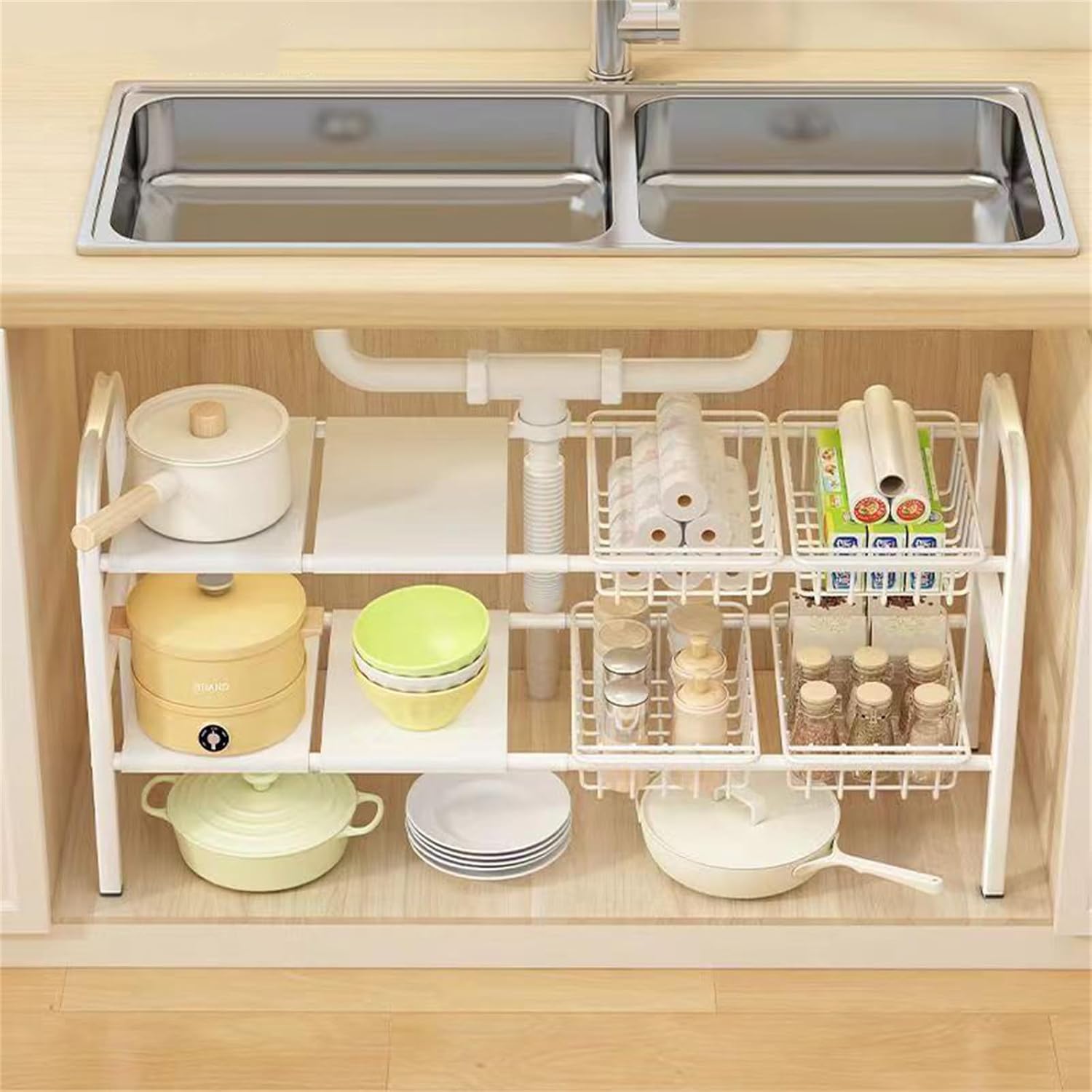 Under Sink Organizers, 2 Tier Stretchable Cabinet Shelf Organizer with 4 Removable Panels and 4 Under Shelf Basket for Under Bathroom Storage,Under Cabinet Shelves,kitchen Sink Storage Rack (white)