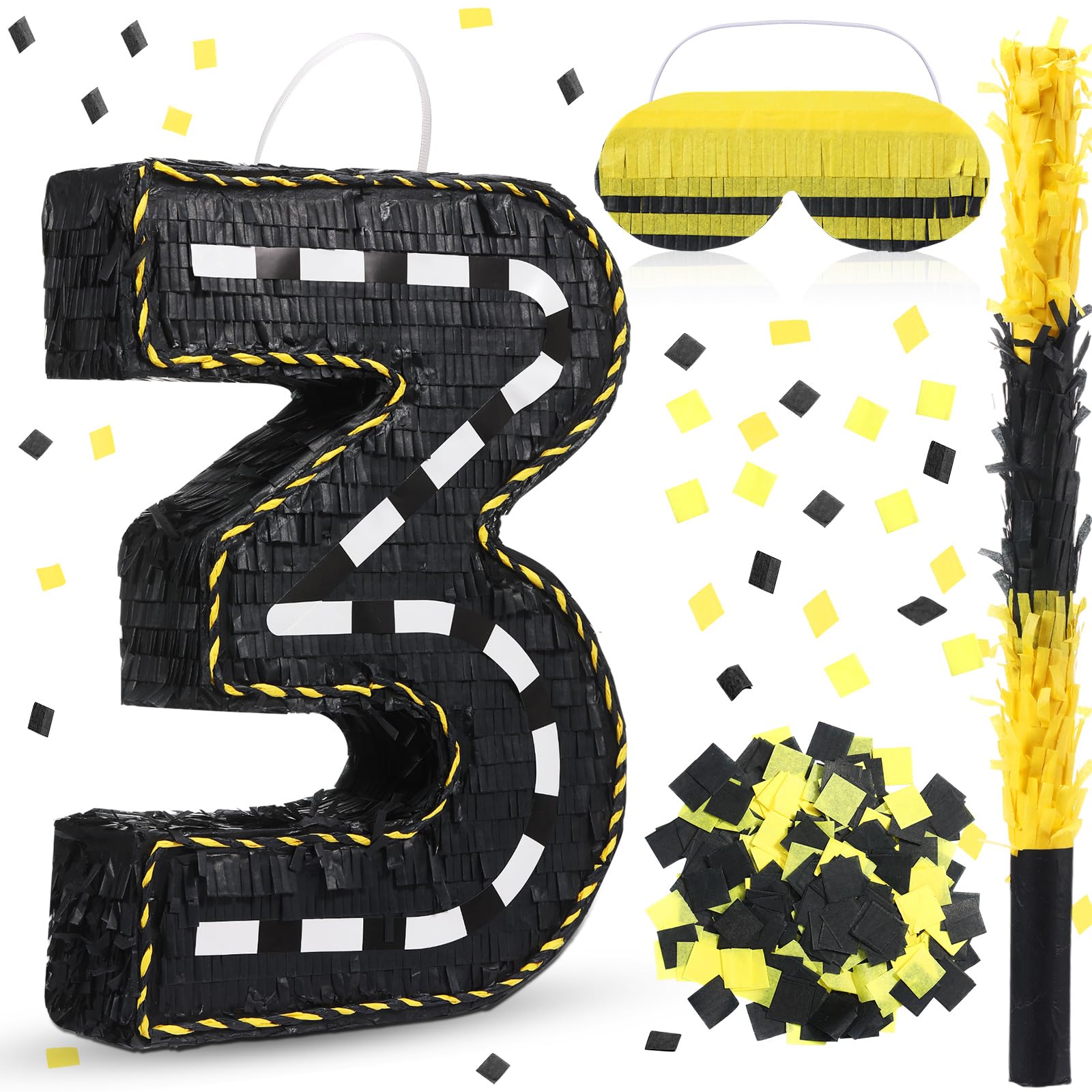 Poen Construction Piñata Decorations 16 Inch Race Car Road Number Piñata with Blindfold Stick and Confetti for Birthday Construction Truck Race Car Theme Party Supplies Centerpiece Decors(Number 3)