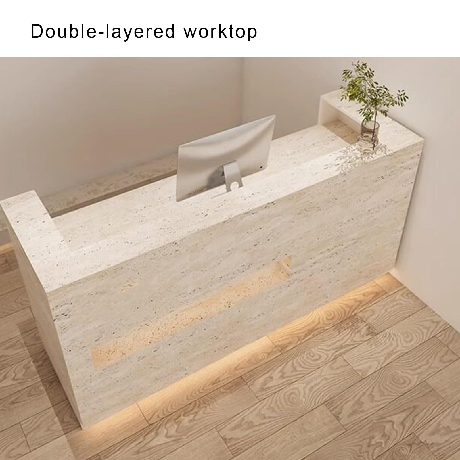 Banco Reception per Ufficio, Salone e Negozio | Pronto all'uso con piano rialzato, cassetto con serratura, ripiano tastiera e vano espositivo(Beige,150cm)