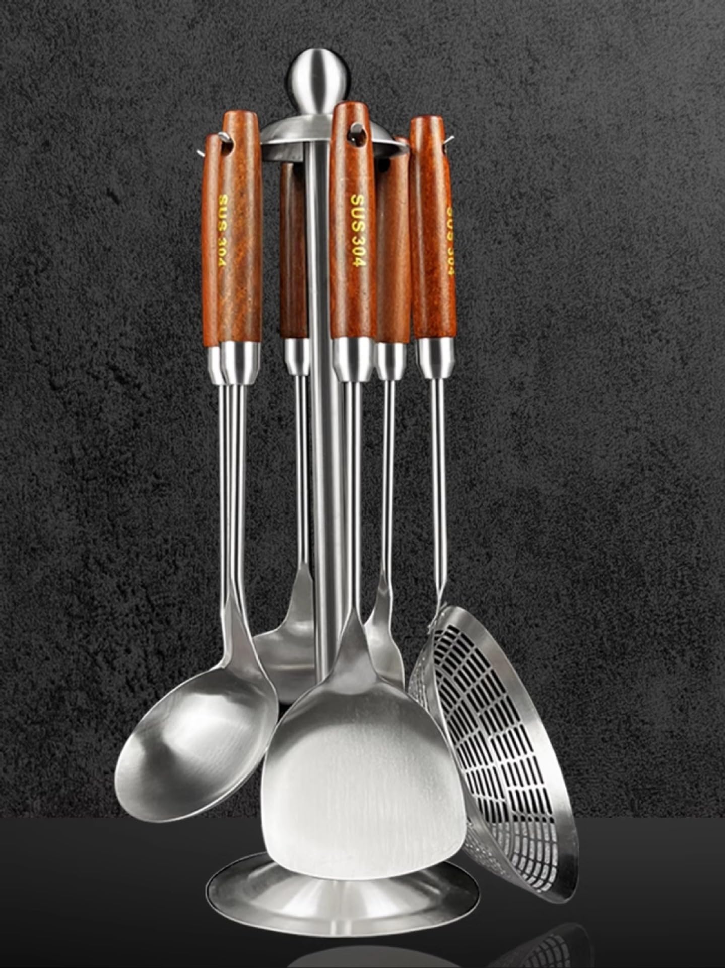 Set di utensili da cucina – 6 cucchiai e spatole in acciaio inox resistenti al calore con fori per appenderli, antiaderenti e lavabili in lavastoviglie