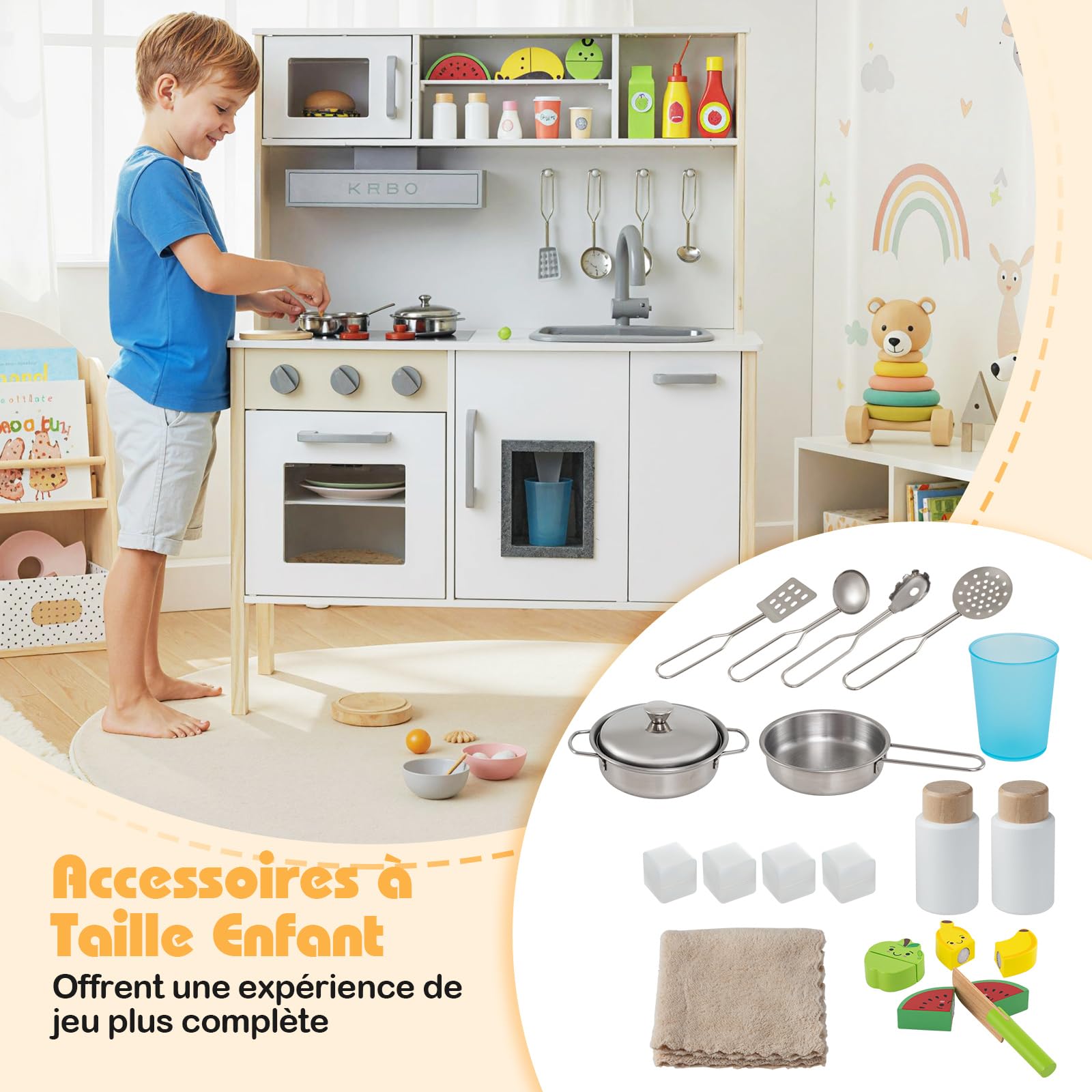 GOPLUS Cuisine Enfant en Bois, Jouet de Cuisine avec Effect Sonore, Évier Amovible, Hotte de Cuisine, Machine à Glaçons, 18 Accessoires Complets, pour Garçons Filles 3-6 Ans (Gris)