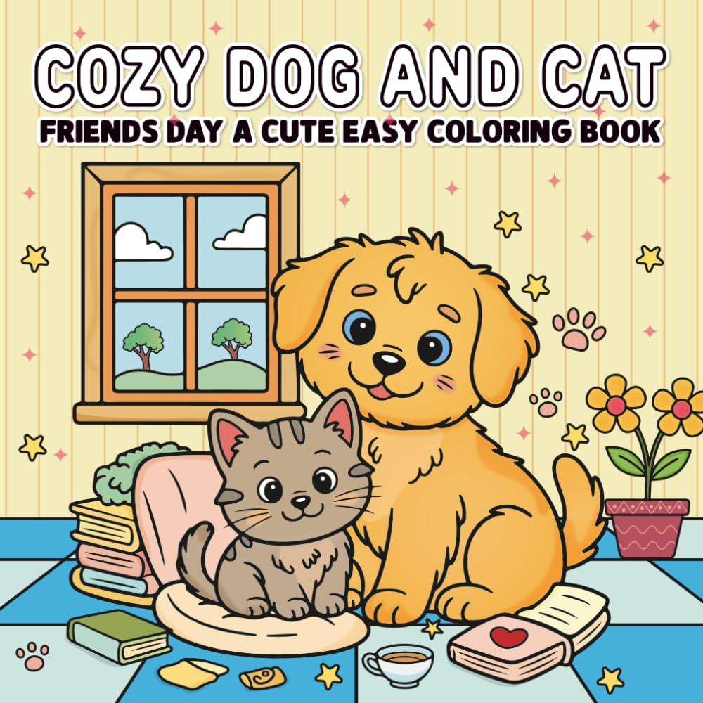 Cozy dog and cat friends day: Cute Cozy Dog and Cat Coloring Book with Simple Designs Relaxing Fun for Kids Teens