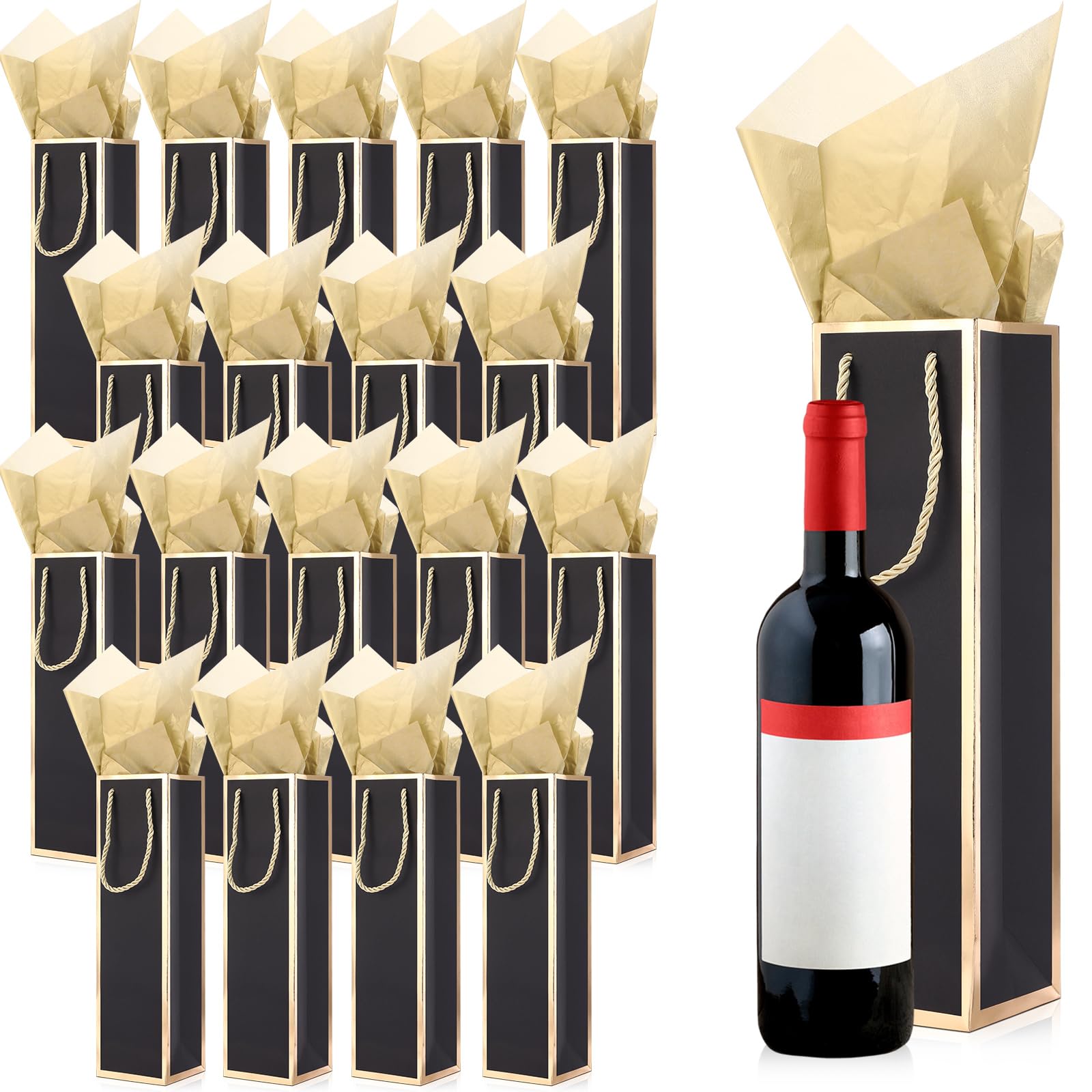 Sadnyy 100 Sets Christmas Wine Gift Bags Bulk with Gold Wrapping Paper Gold Foil Wine Bags with Handles Black and Gold Wine Bottle Bag for Christmas Xmas Wedding Bridal Shower 13.8x3.8x3.8 Inch
