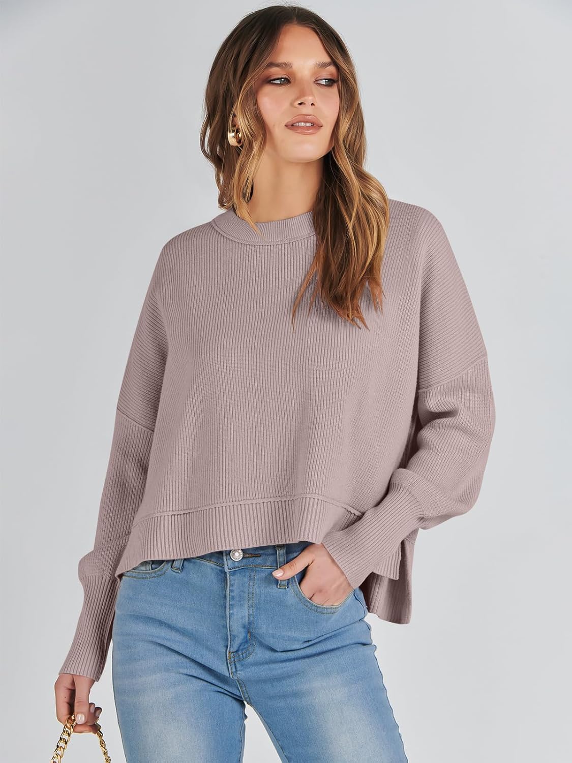 ANRABESS Womens Cropped Sweaters Oversized Crewneck Long Batwing Sleeve Side Slit Ribbed Knit Pullover Tops 2025 Fall Clothes - Image 3