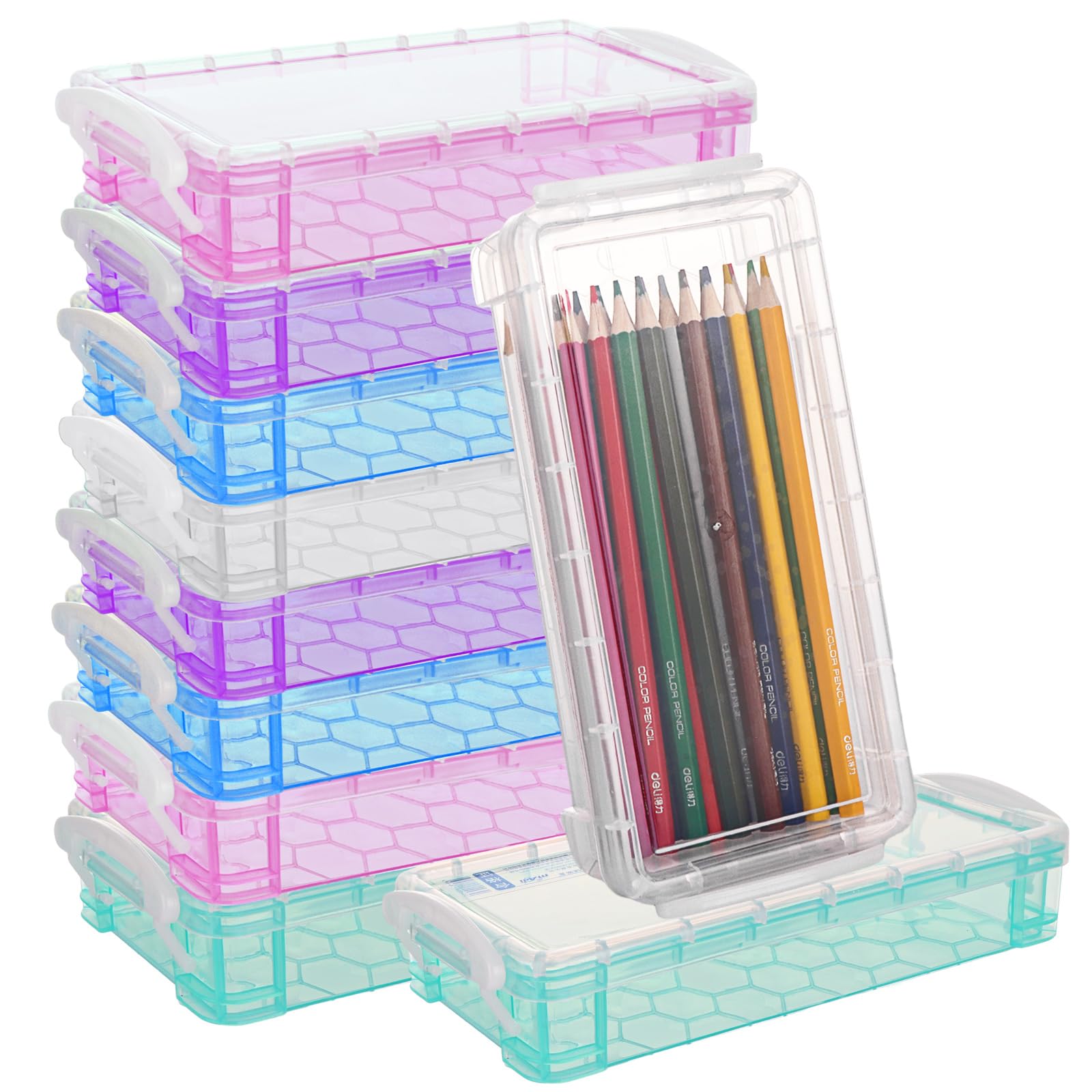 GBACHOOSE 10 Pack Plastic Pencil Boxs, Stackable Clear Pencil Storage with Snap Tight Lid, 5 Colours Pencil Case, Stationery Box for Watercolour Pencils Brush