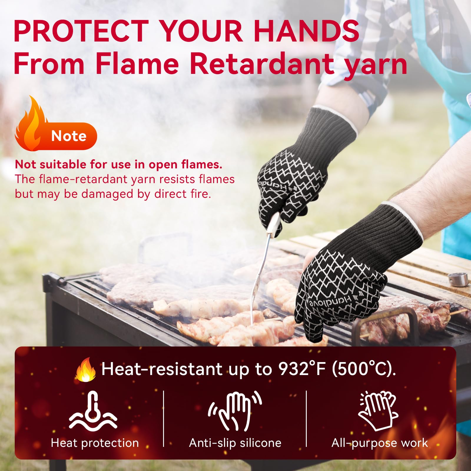 HandLove Guantes para barbacoa, resistentes al calor, guantes de horno para expertos culinarios, protección extrema ignífuga, agarre de silicona, guantes de puño largo, cocina y barbacoa al aire