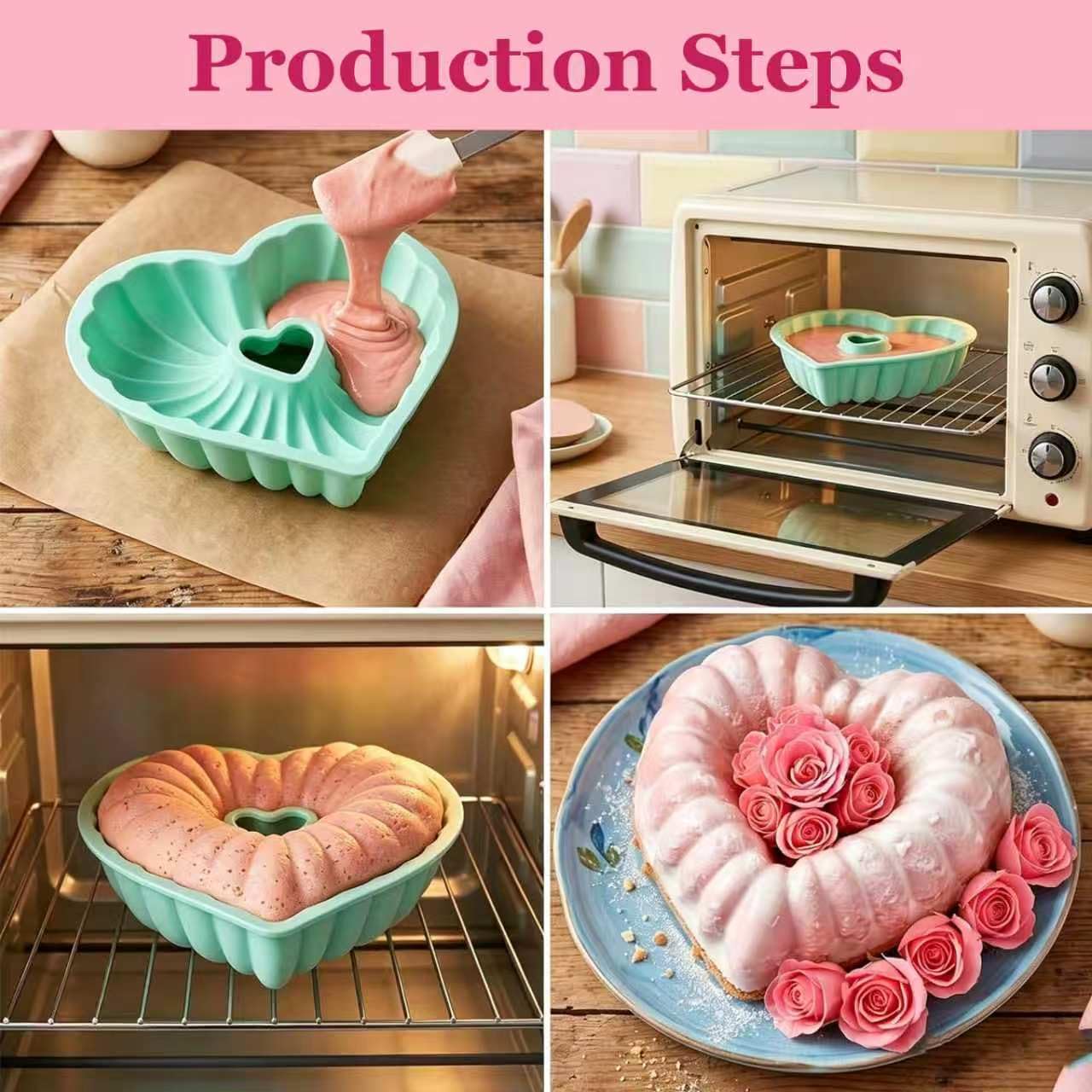 2 Pezzi Stampo per Torta a Forma di Cuore, 23.5 cm Stampo Ciambella in Silicone, Stampo Ciambellone Antiaderente per San Valentino, Matrimonio, Compleanno, per Dessert (Rosa e Verde)