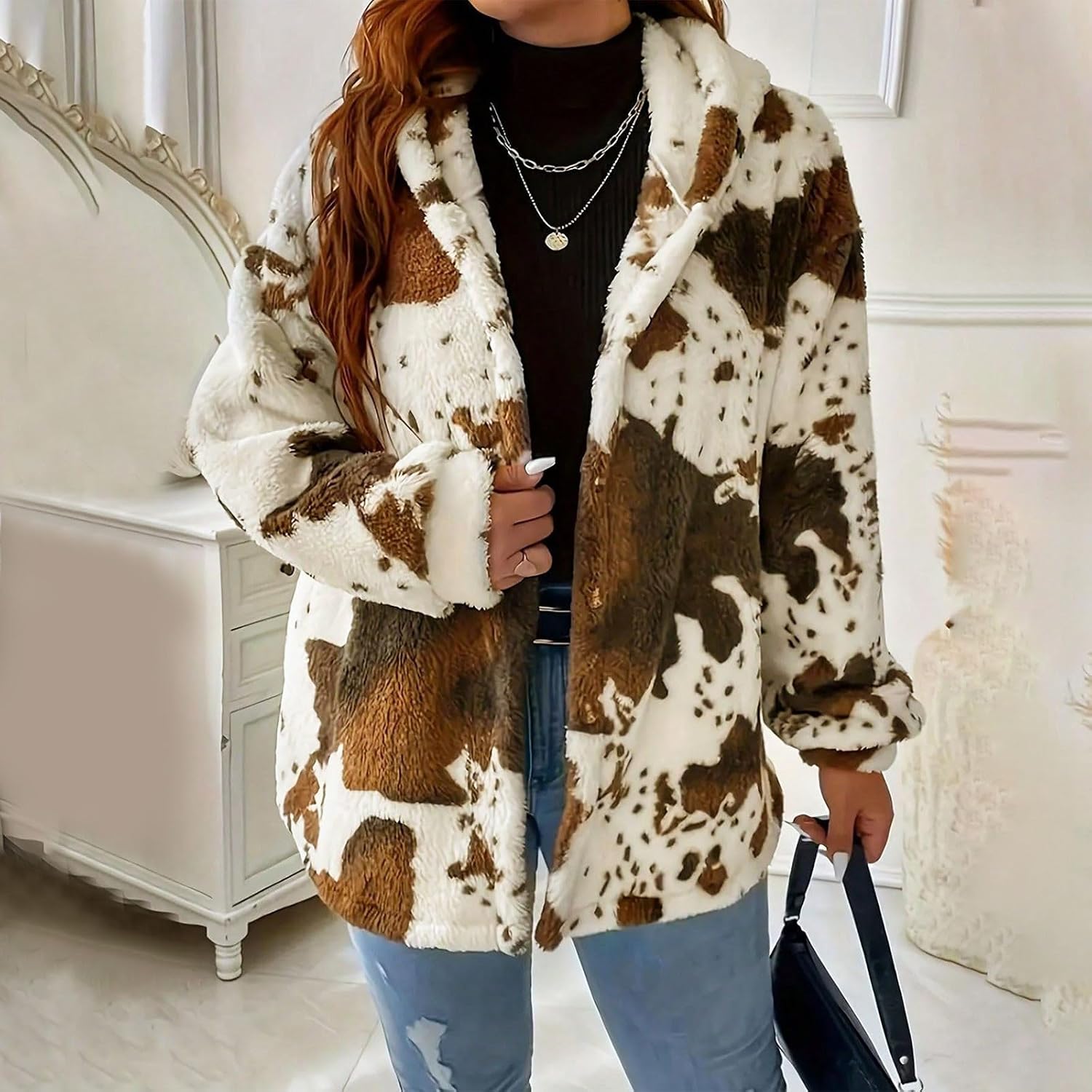 Womens 2024 Winter Coat Trendy Cow Print Fuzzy Jackets Hooded Zip Up Faux Fur Plush Overcoat Warm Fleece Outerwear