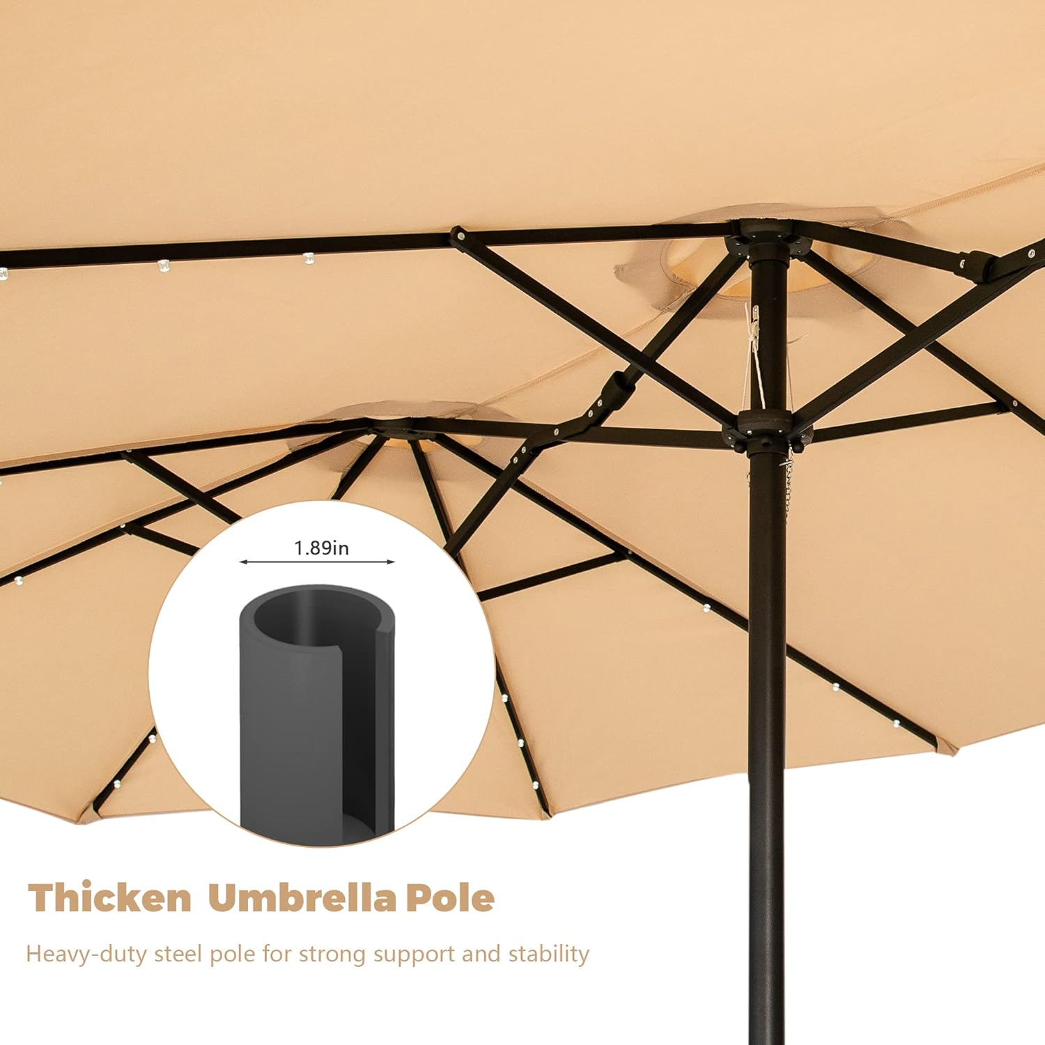 Saemoza 15FT Double-Sided Patio Umbrella, Outdoor Extra Large Umbrella with Crank, Market Table Umbrella with 48 LED Lights for Pool Lawn Garden (Khaki)