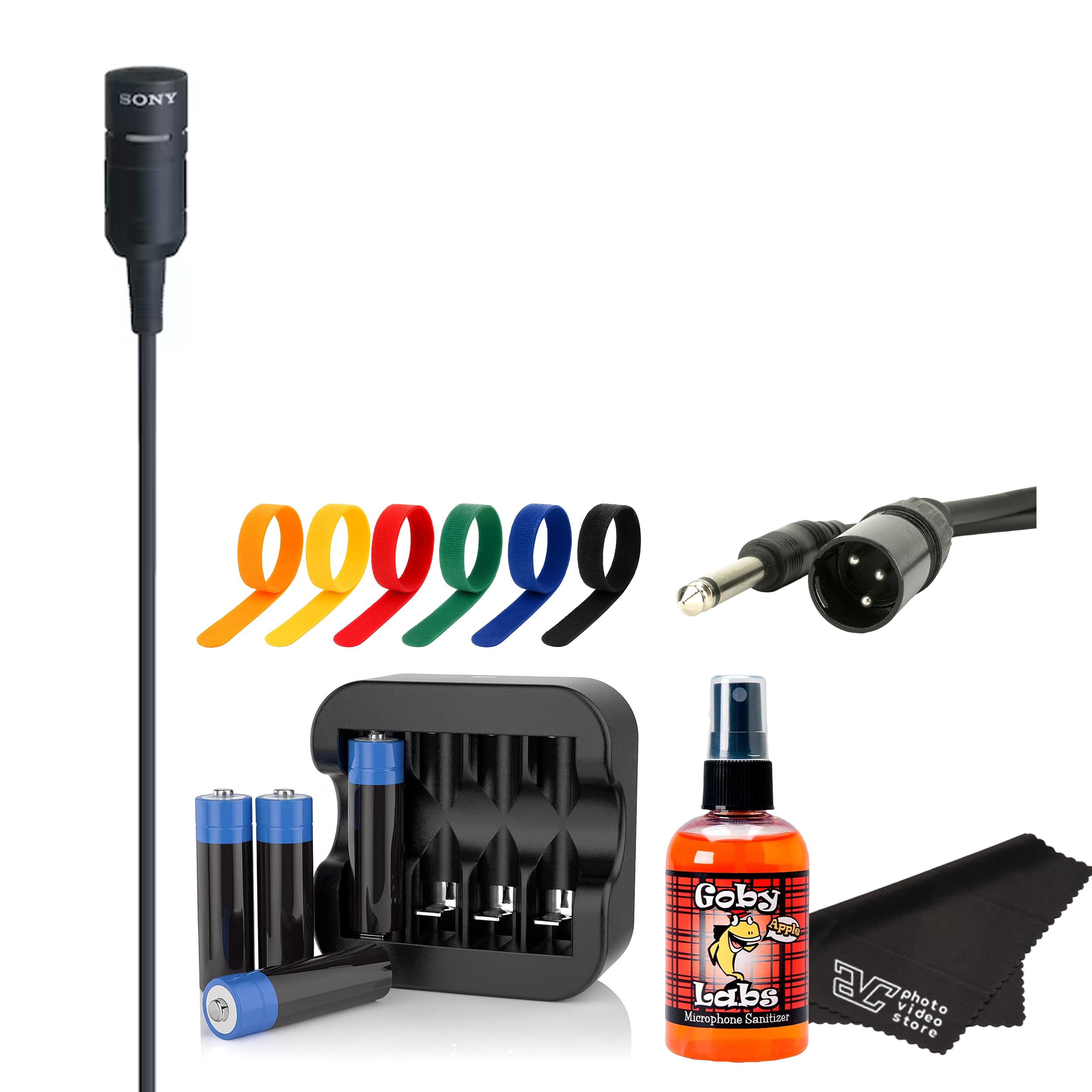 Sony ECM-66B Unidirectional Lavalier Condenser Microphone – Professional Lapel Mic with XLR Connector – Ideal for Theater, Presentations, & Interviews + 4X AA w/Charger + XLR to 1/4 TRS + More