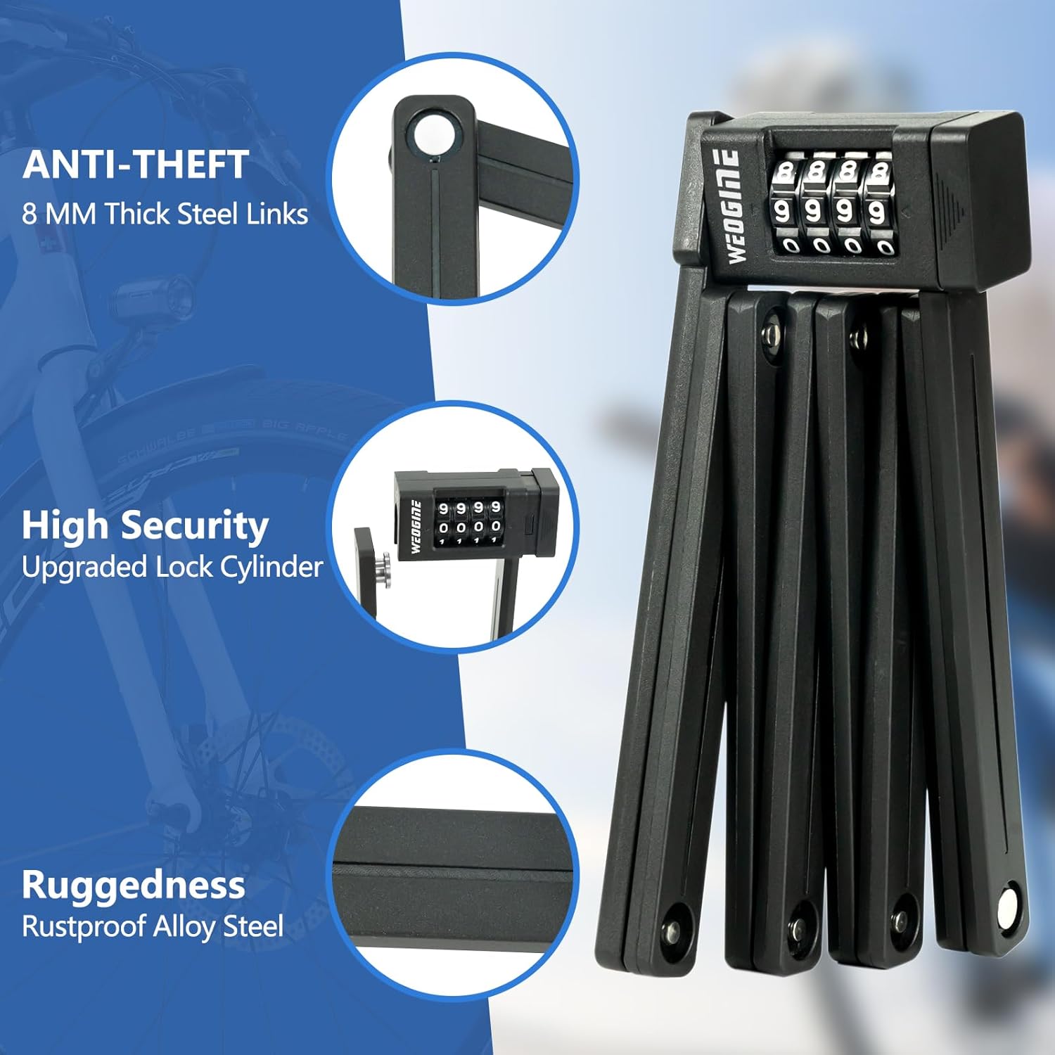 47.24inch Folding Bike Lock - 13mm Fold-Up 4 Digit Combination High Security Anti Theft Bike Lock, 4-Digit Password Bicycle Lock for Bike, Motorcycle, Scooter, Door & Gate
