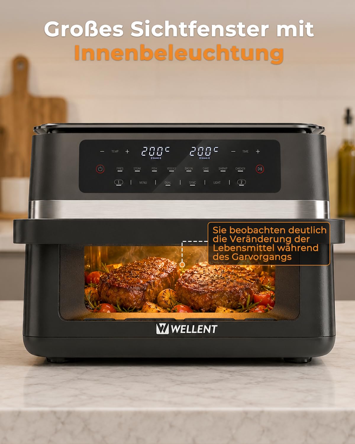 WELLENT 12L Dual Zone Airfryer XXL - 2950W Heißluftfritteuse 2 Kammern(6+6L) - Heissluftfritteuse Doppelkammer mit Sichtfenster, Match & Sync-Funktion, Schüttel-Erinnerung, Spülmaschinenfest