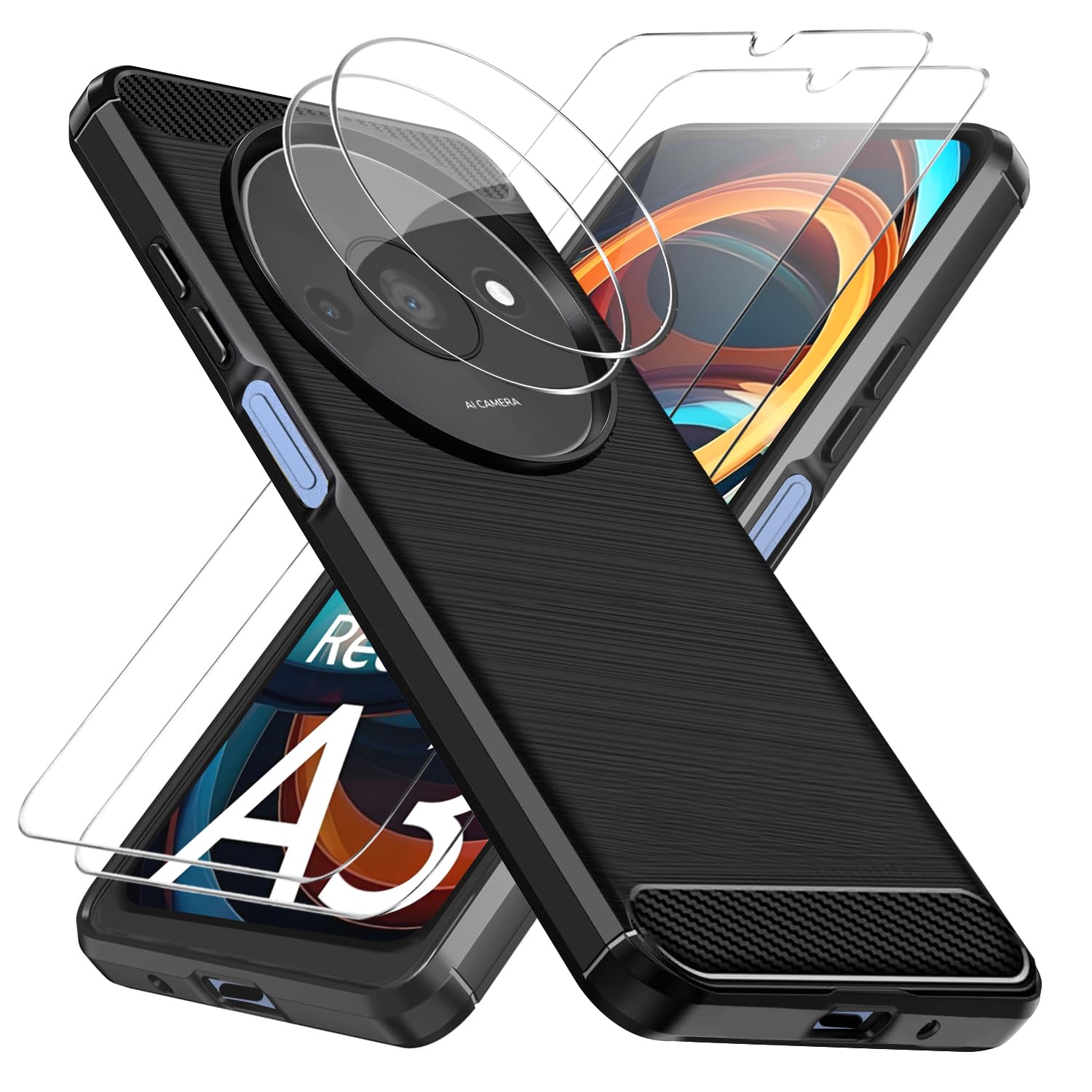 CLYDITE Cover per Xiaomi Redmi A1/Redmi A1+ Nero Custodia con Vetro Temperato [2 Pack] Fotocamera Slidable Antiurto Custodia Antiurto Grado Militare 360° Ring Supporto Silicone Custodie