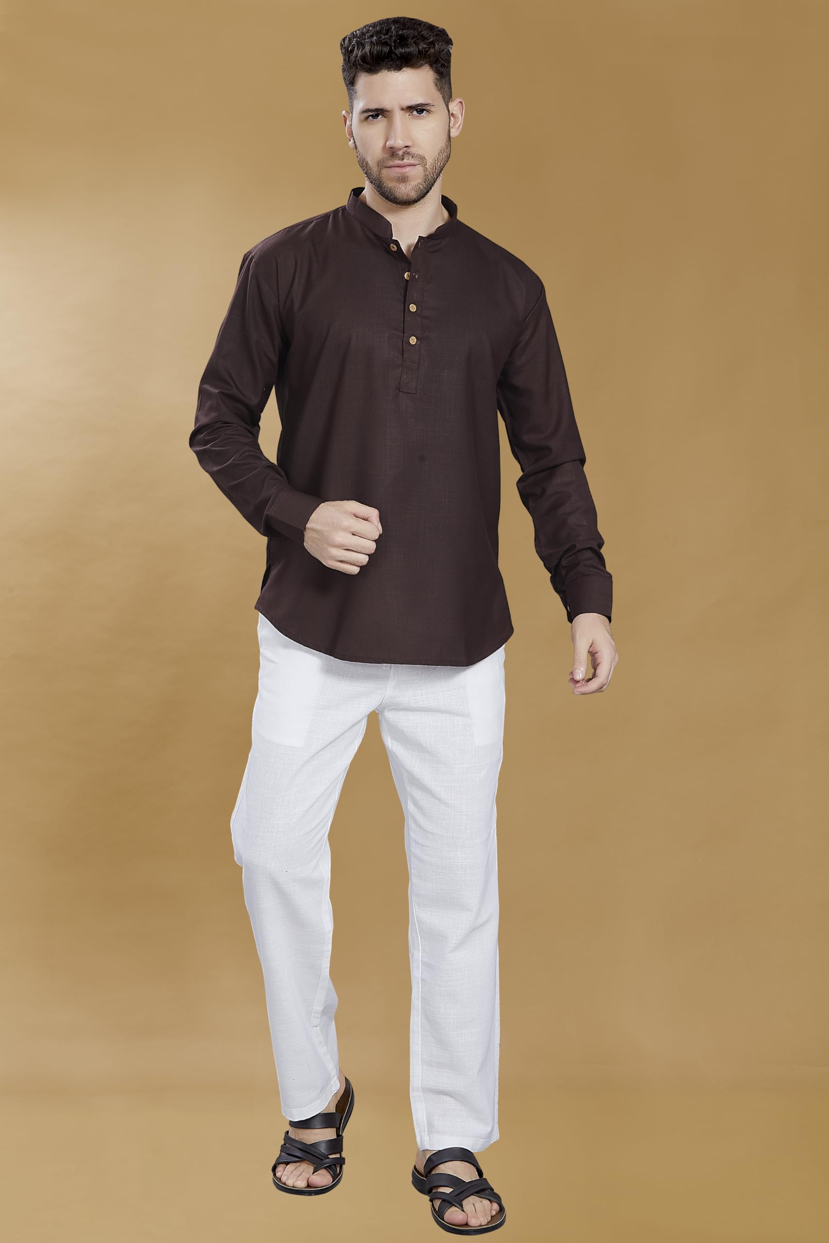 Divisive Men's Cotton Relaxed Fit Short Kurta (Dkrt844_L_Coffee)