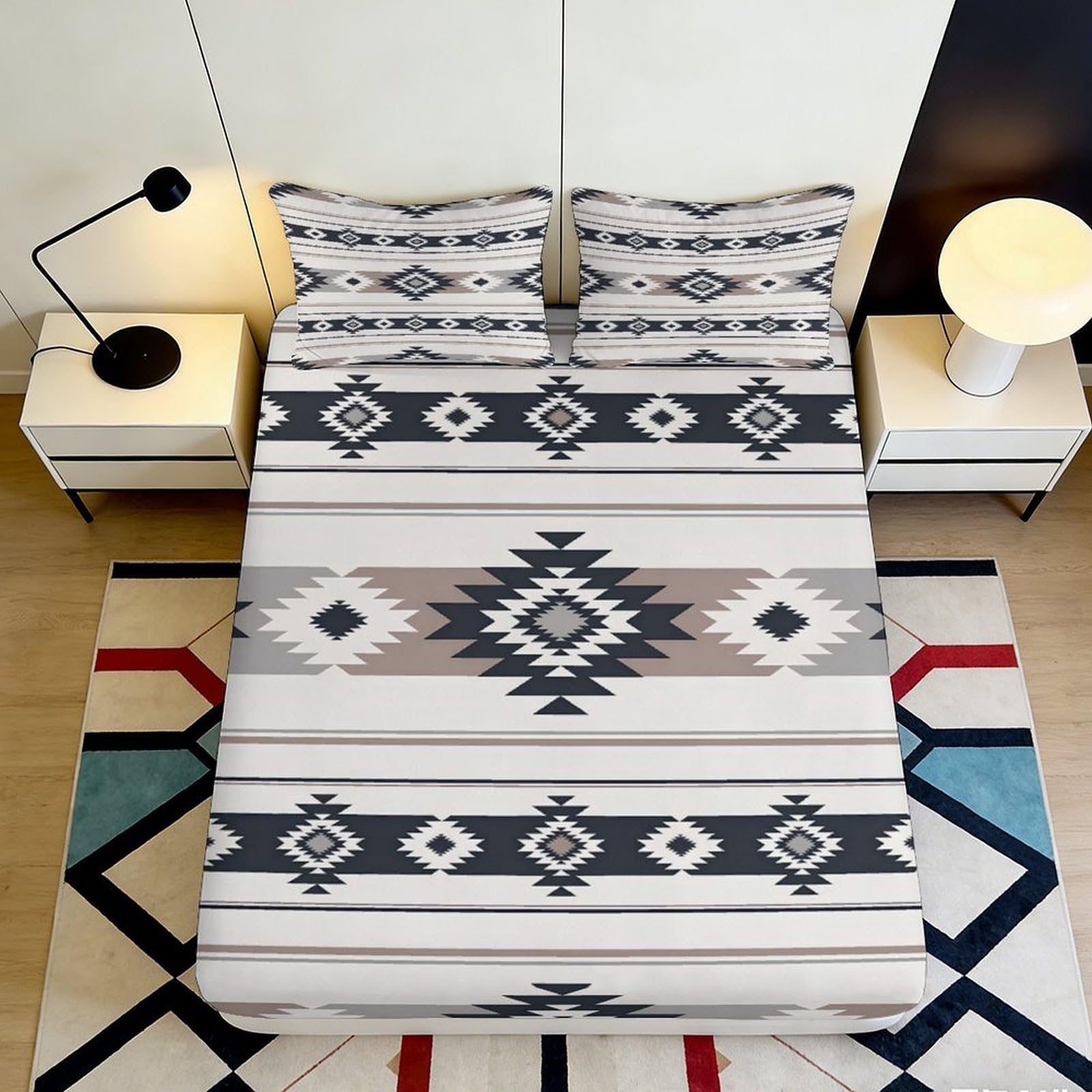 3D Printed Boho Geometric Fitted Sheet Microfiber Soft Breathable Aztec Pattern Mattress Cover for Bedroom Guestroom 90x200x25cm