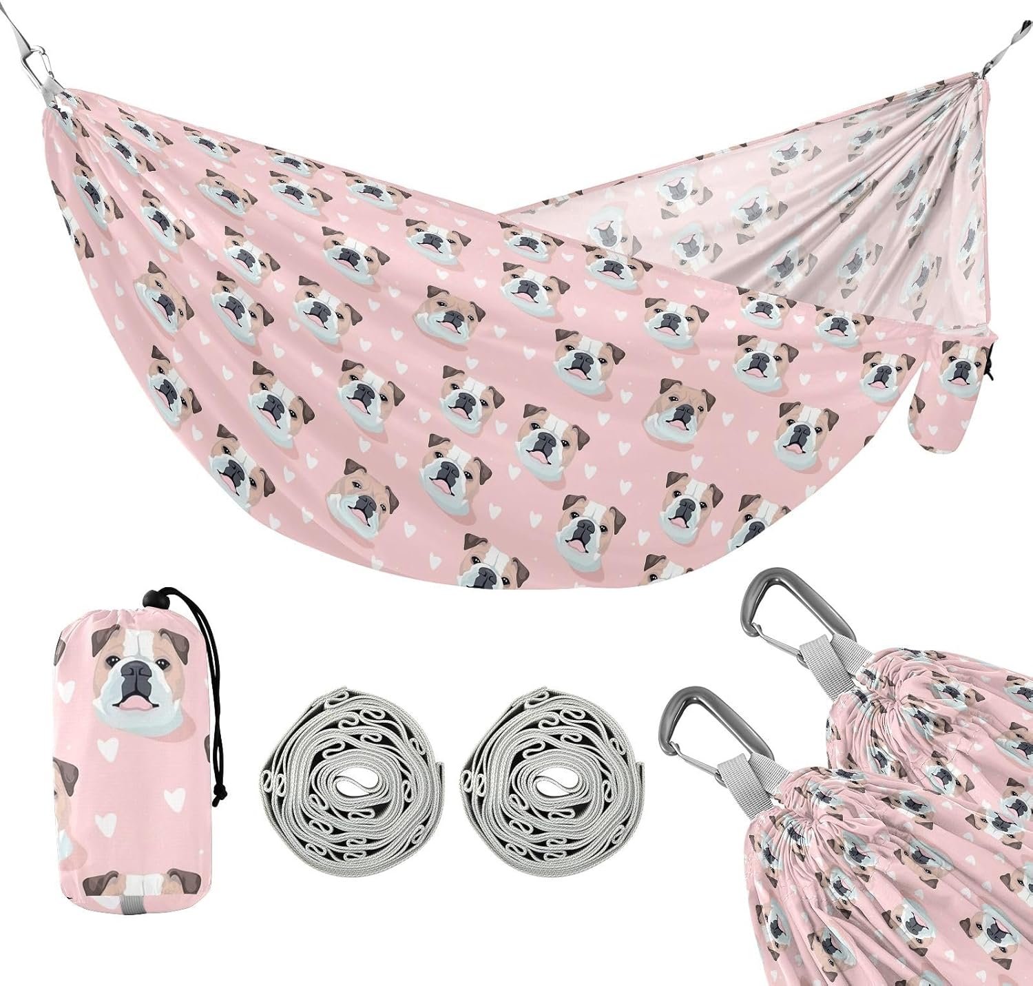 ALAZA French Bulldog Hearts Camping Hammocks Single or 2 Person 500 lbs Portable Parachute Travel Hammock w/Tree Straps for Hiking Backpacking Indoor Outdoor