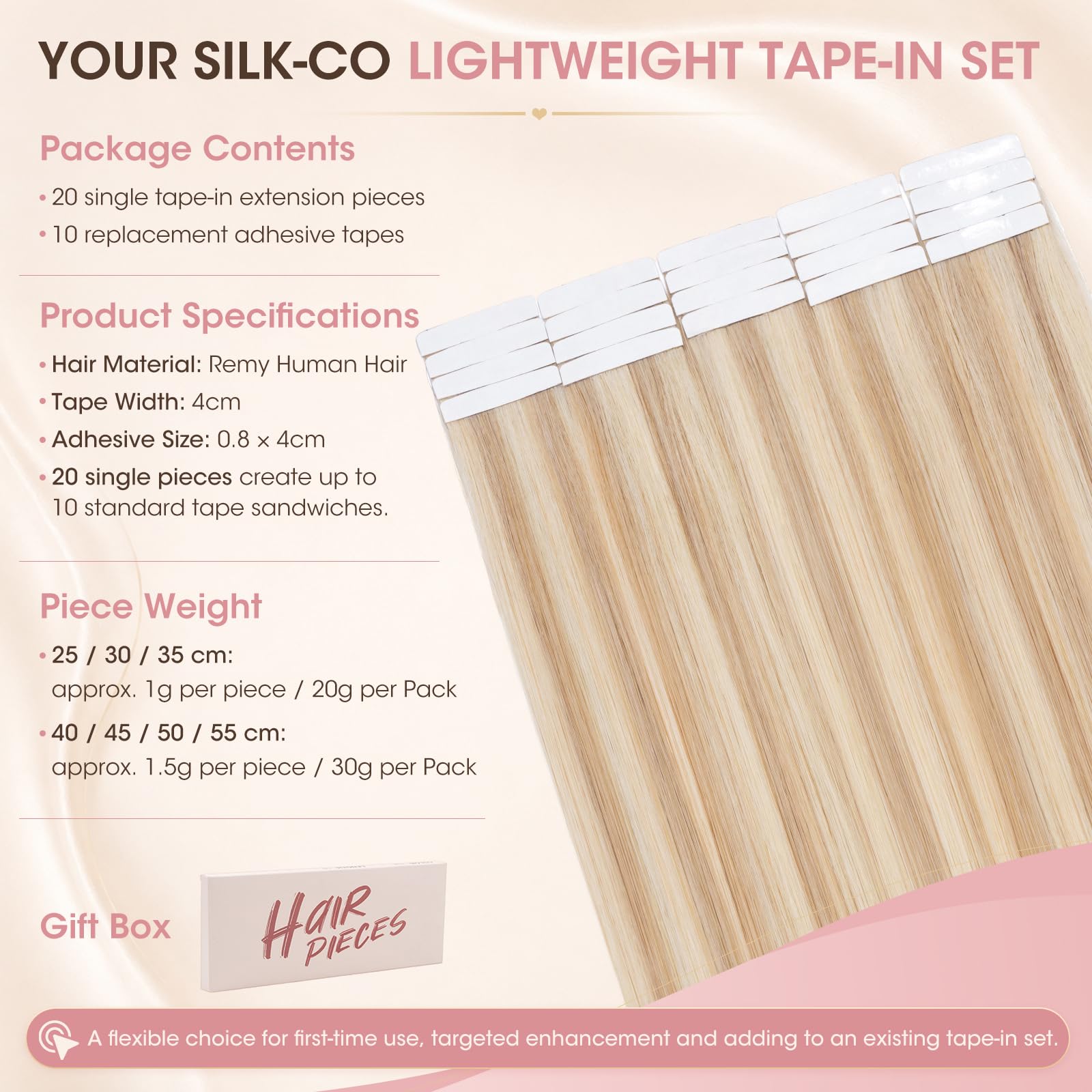 Silk-co 45CM Extension Bande Adhesive 20 PCS X 1.5g/pcs Extension A Froid Cheveux Naturel Naturel Rajout Cheveux Naturel Adhesif Noir de Jais - #18P613 Sable Blond & Blond Très Clair