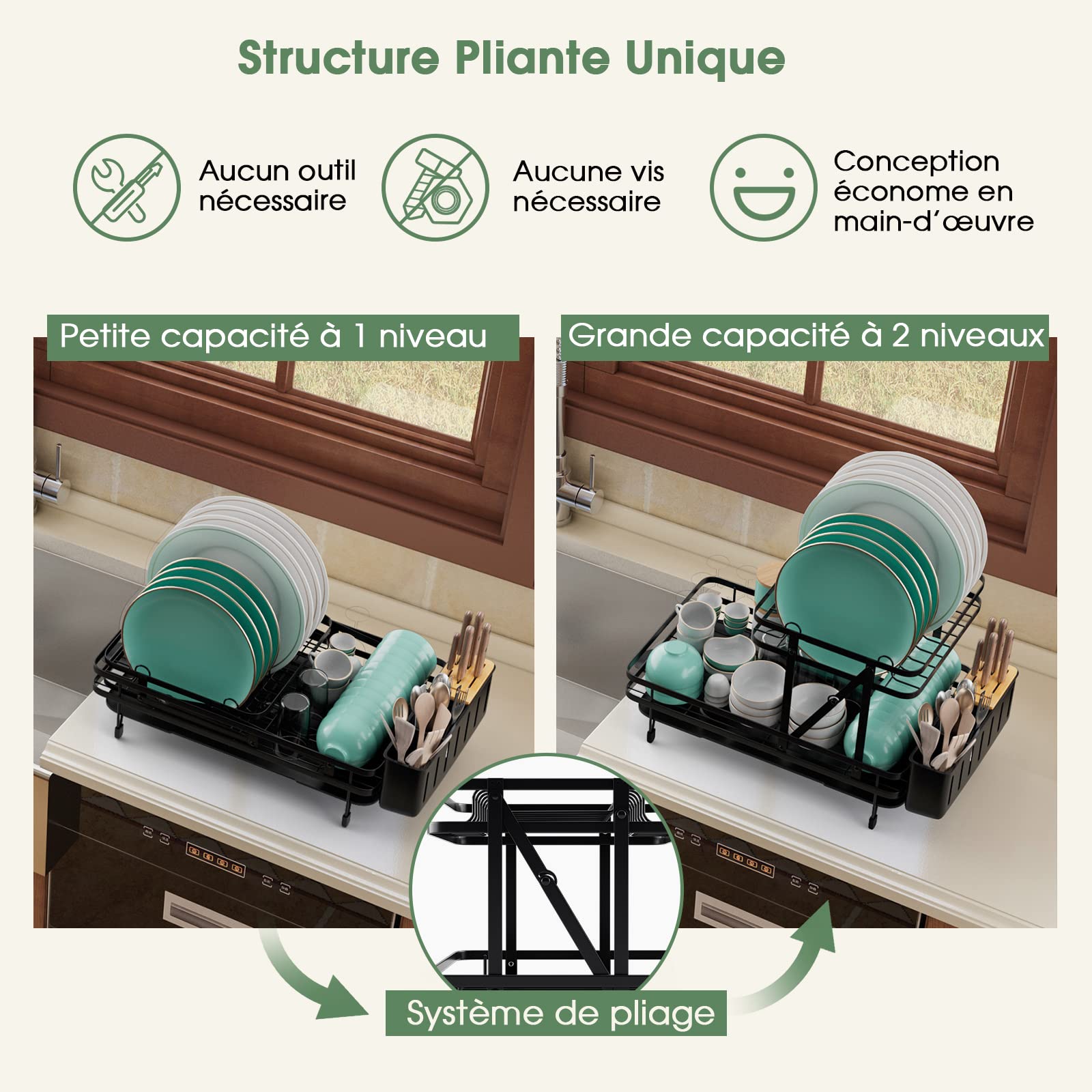 COSTWAY Égouttoir à Vaisselle Pliable 2 Niveaux Antirouille
