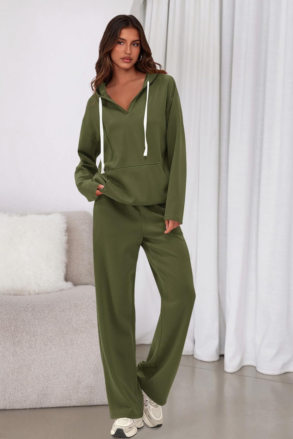 PRETTYGARDEN Womens 2 Piece Outfits Fall Sweatsuits Oversized V Neck Hoodie Wide Leg Sweatpants Travel Tracksuit Lounge Sets - Image 3
