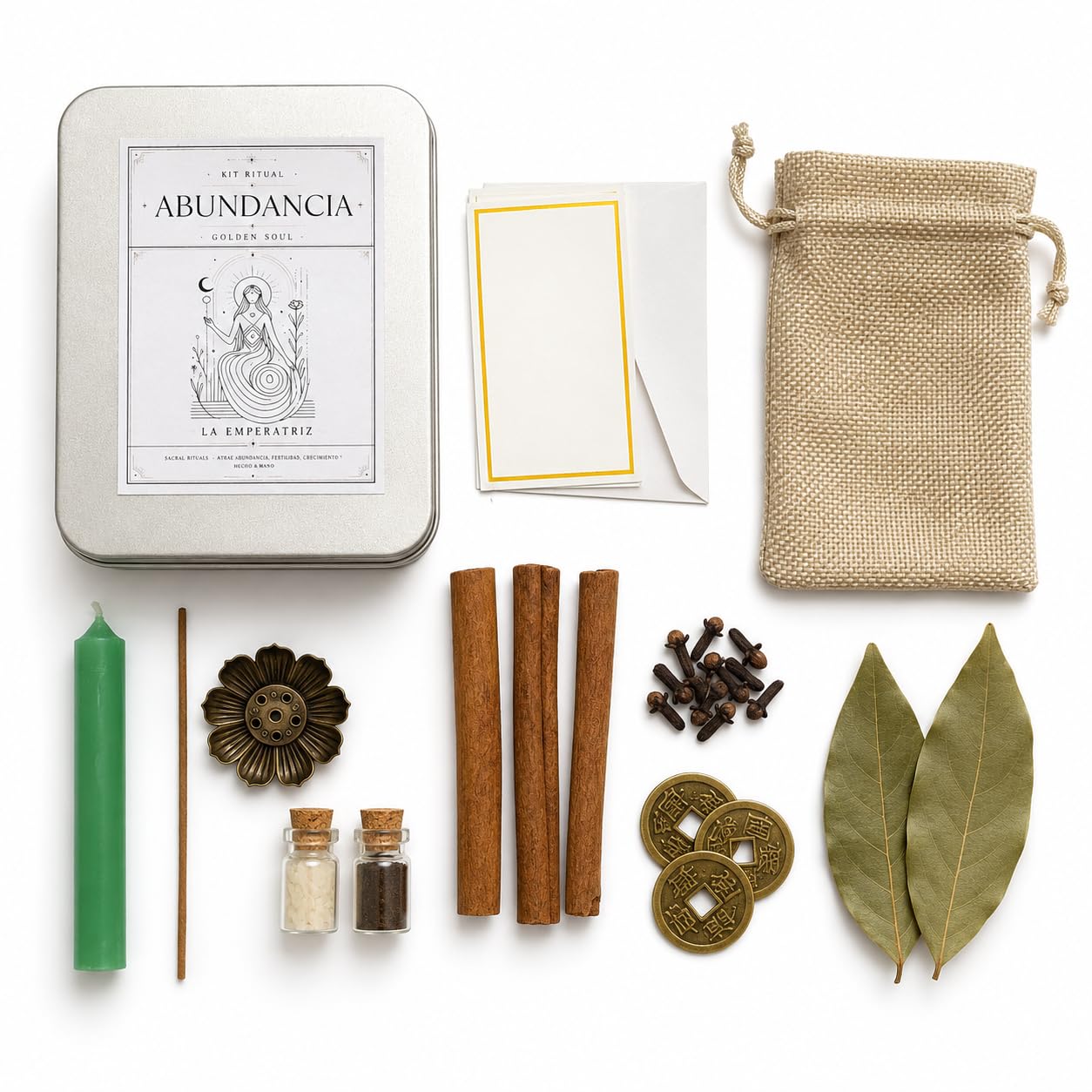 Golden Soul - Kit Ritual de Abundancia y Dinero con Vela Verde, Arroz, Café, Laurel, Canela, Clavo, Monedas Simbólicas, Incienso, Tarjetas e Instrucciones, Regalo Espiritual
