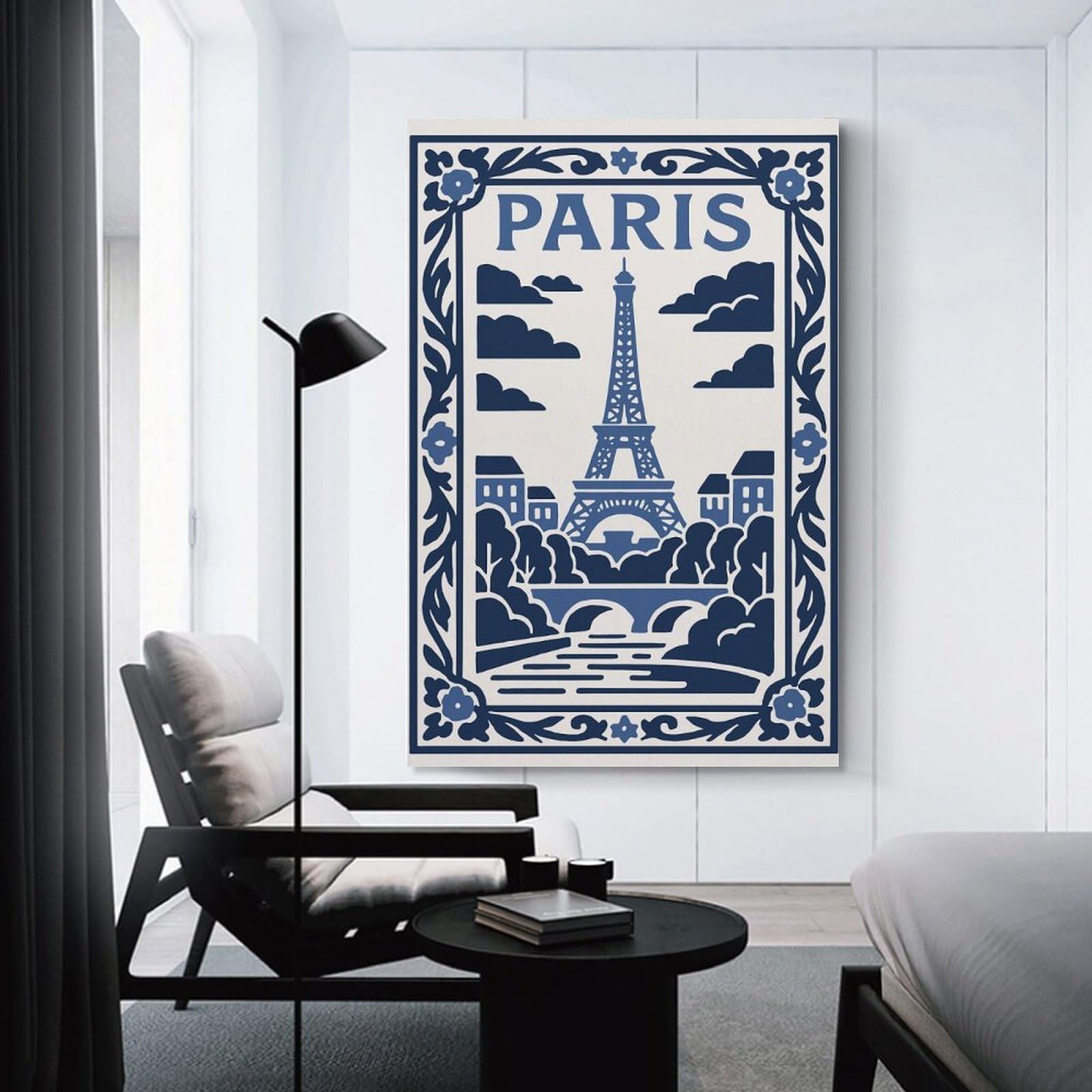 Decorative Canvas Print Paris Eiffel Tower Blue Illustration, 24x36inch(60x90cm), for New Homes, Bedrooms Or Workspaces, A Wall Art Gift for Fresh Interiors
