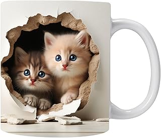 FLYILIA 猫 マグカップ 3Dアート コーヒーカップ ねこ マグ ティーカップ ミルクカップ 取っ手付き 立体的 独創的 モーリングカップ ティーマグ 陶磁器 ユニーク 御洒落 クリエイティブ おもしろ食器 家庭用 業務用 インテリア 誕生日 サプライズ 贈り物 350ml (B)