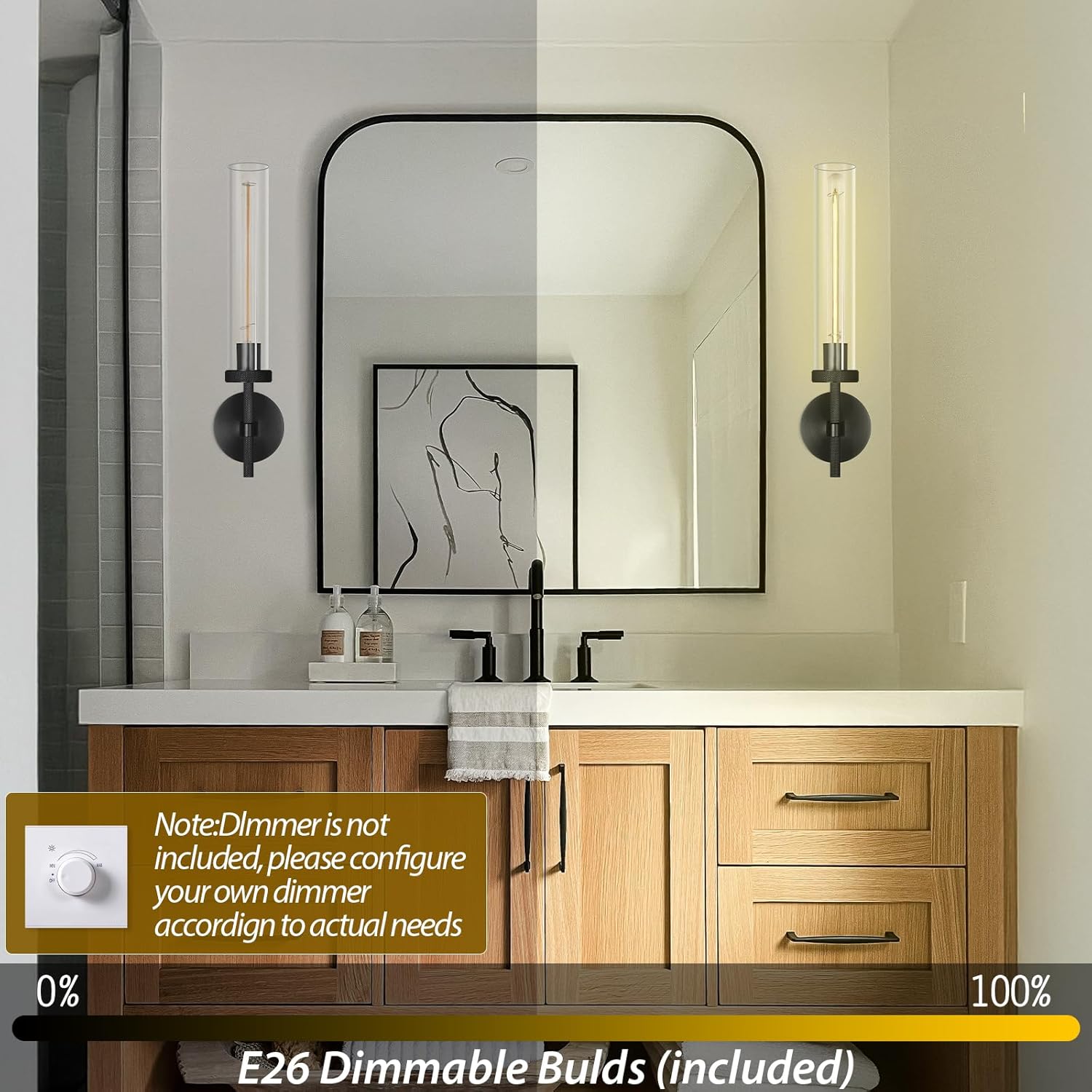 Modern Black Wall Sconces Bathroom Vanity Light Fixtures, Glass Tube Wall Sconces Set of Two, sconces wall lighting indoors, Wall Lights for Mirror, Living Room, Bedroom, Hallway (including bulb)