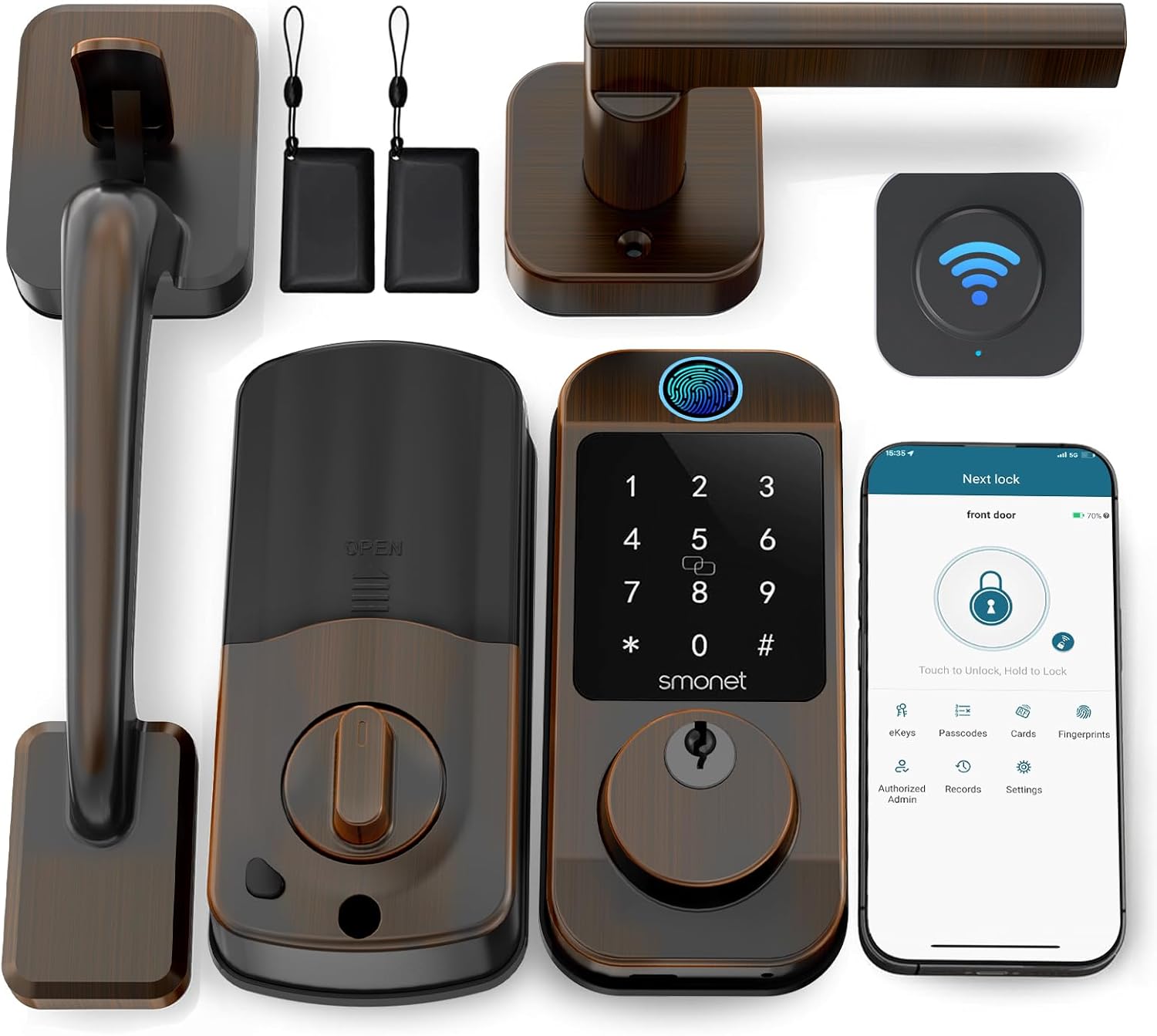 SMONET WiFi Smart Door Lock Set – Fingerprint Keyless Entry Bluetooth & Alexa Compatible, Auto Lock, Digital Keypad, Remote Control, Fob & App for Home, Rental, Bronze