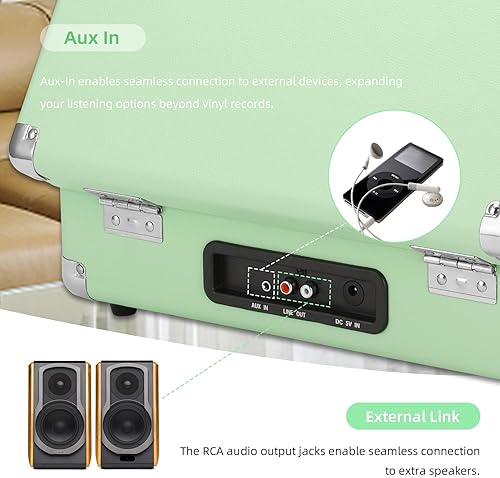 Miniatura 6 de Tocadiscos portátil de 3 velocidades con batería incorporada, fonógrafo de vinilo inalámbrico Bluetooth con entrada auxiliar de 0.138 in y salida de