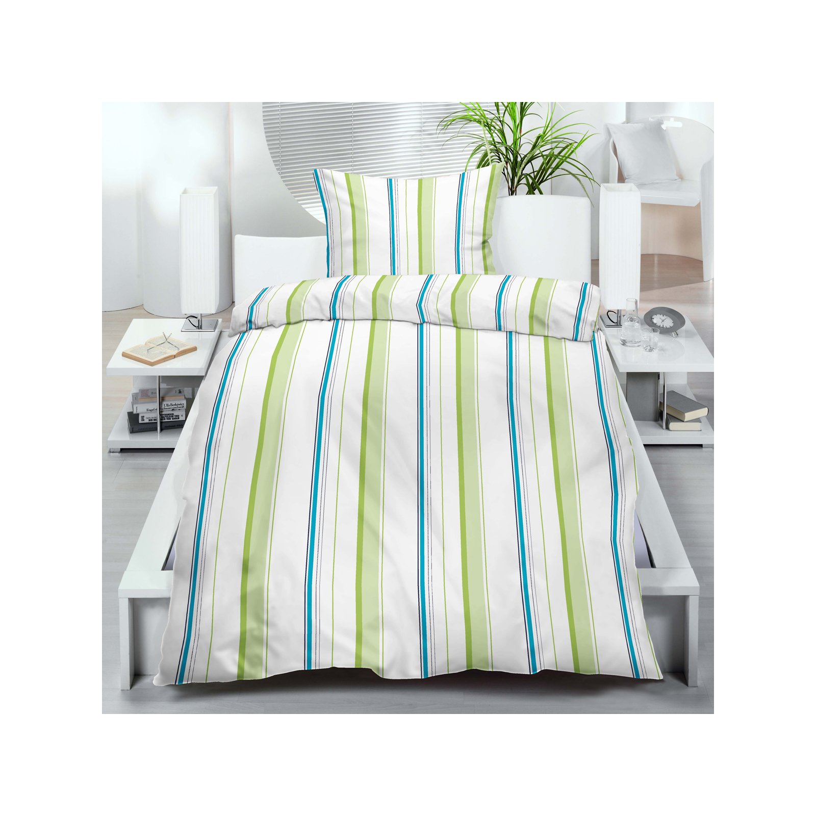 Microfibre Bed Linen Set 135 x 200/80 x 80 cm Summer 2 – 4 Piece Set Green White Blue STRIPED, Microfibre, multicoloured, 2-teiliges Set