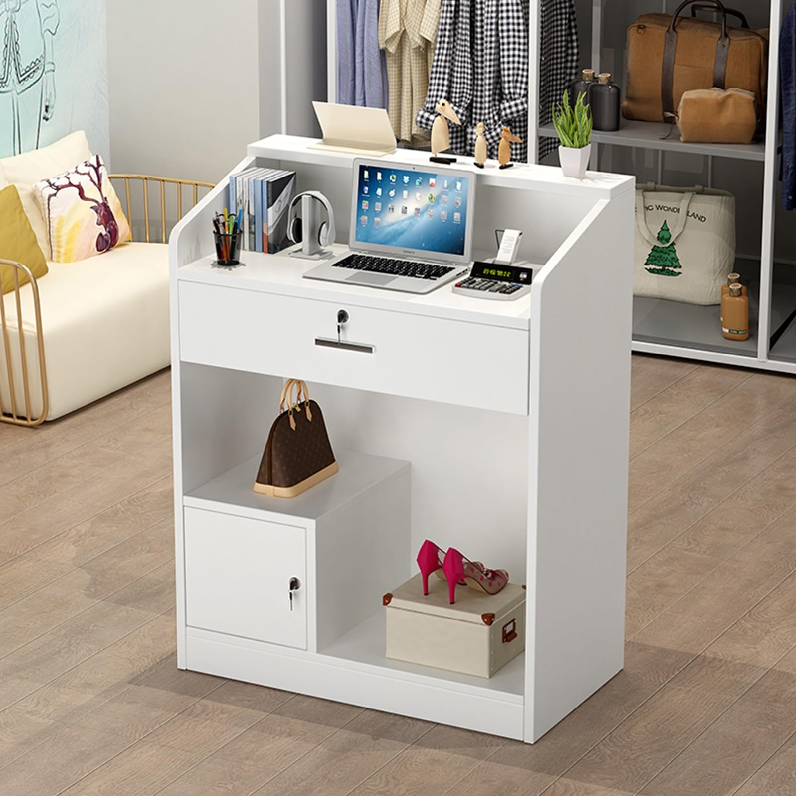 Comptoir de vente au détail moderne avec tiroir verrouillable élégant pour bureau, magasin de détail, salon de beauté et hall d'entrée