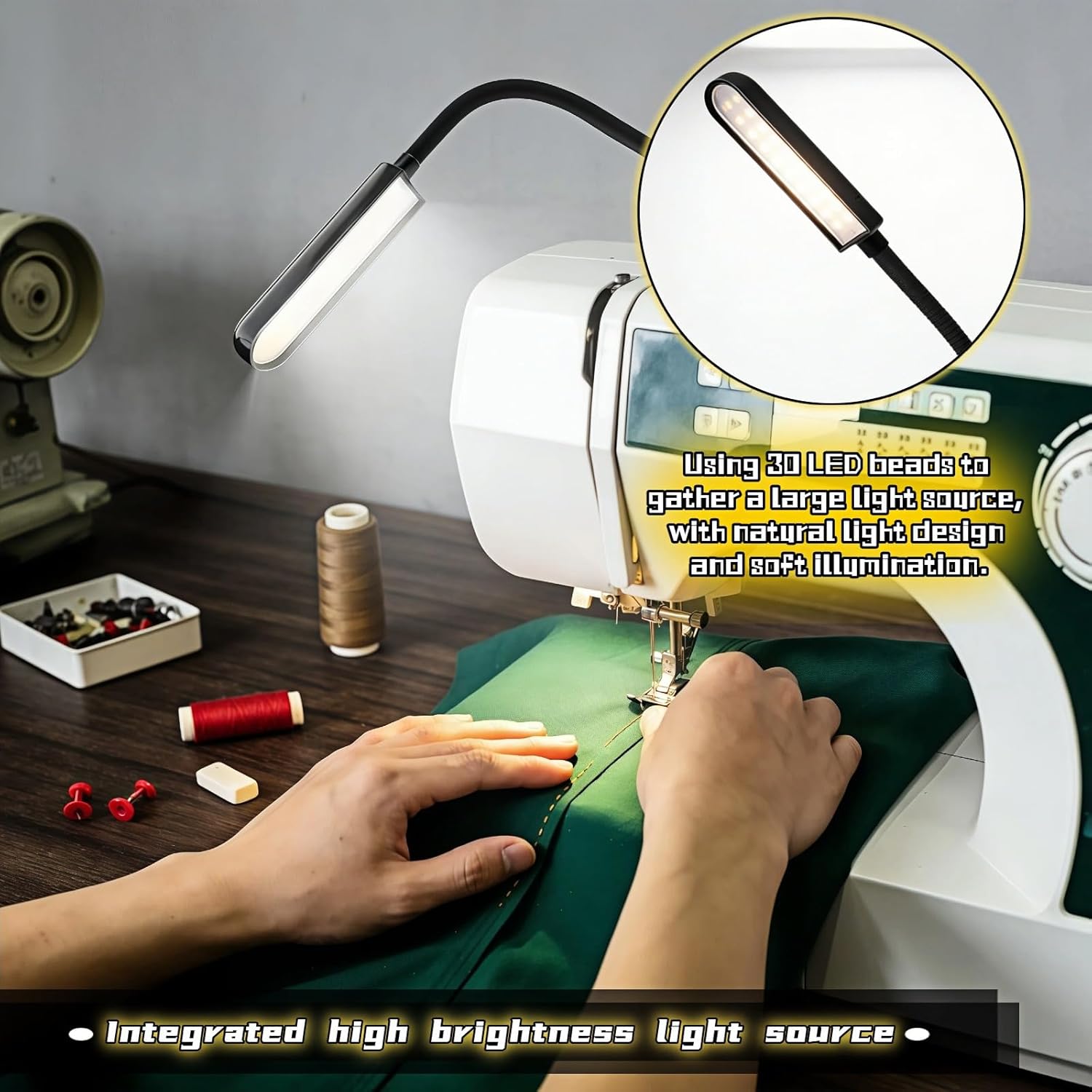 30 LED Sewing Machine Light with Flexible Silicone Neck, Magnetic Base Work Lamp for Sewing Machines, Drill Press, Desk, Music Stand, Crafts, Workbench, Non-Flicker, Eye-Caring Design