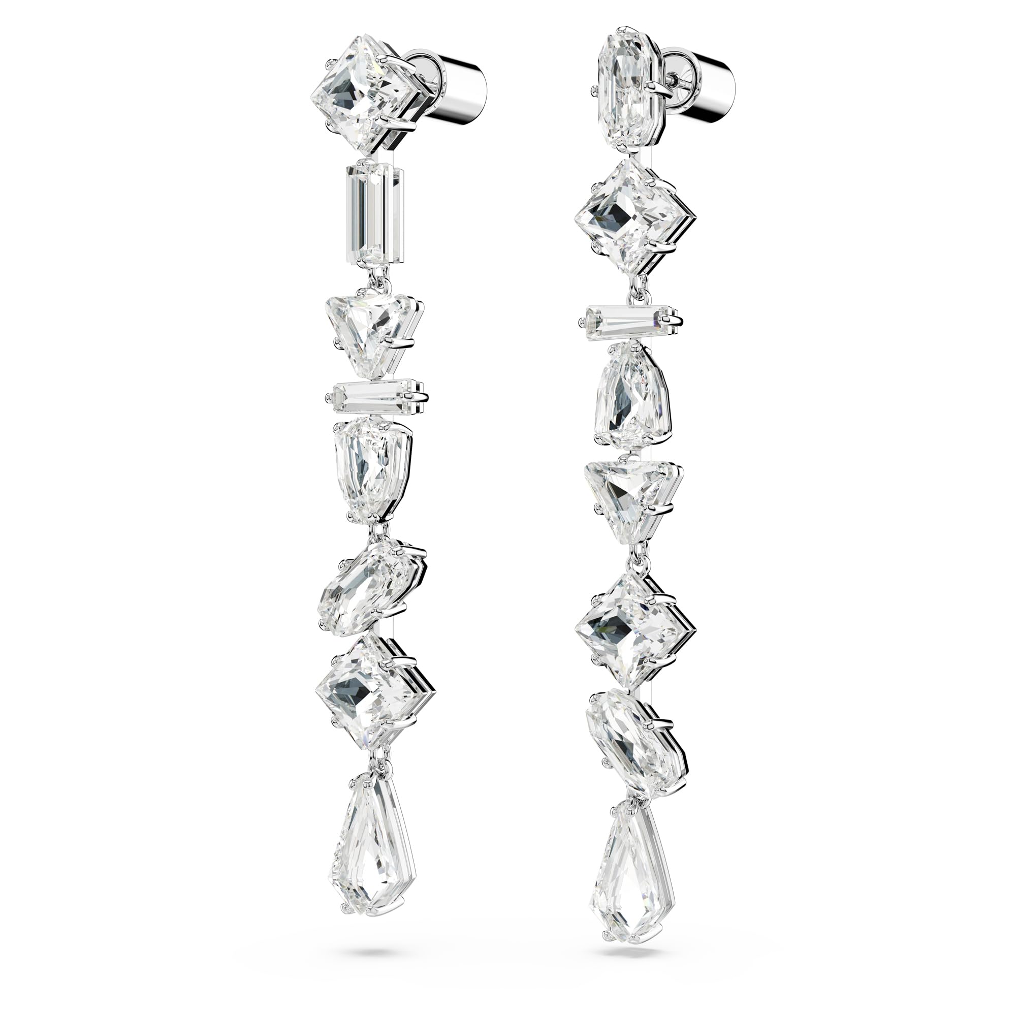 Swarovski Długie kolczyki Mesmera, Wzór asymetryczny, Szlify różnorodne, Długie, Białe, Powłoka z rodu