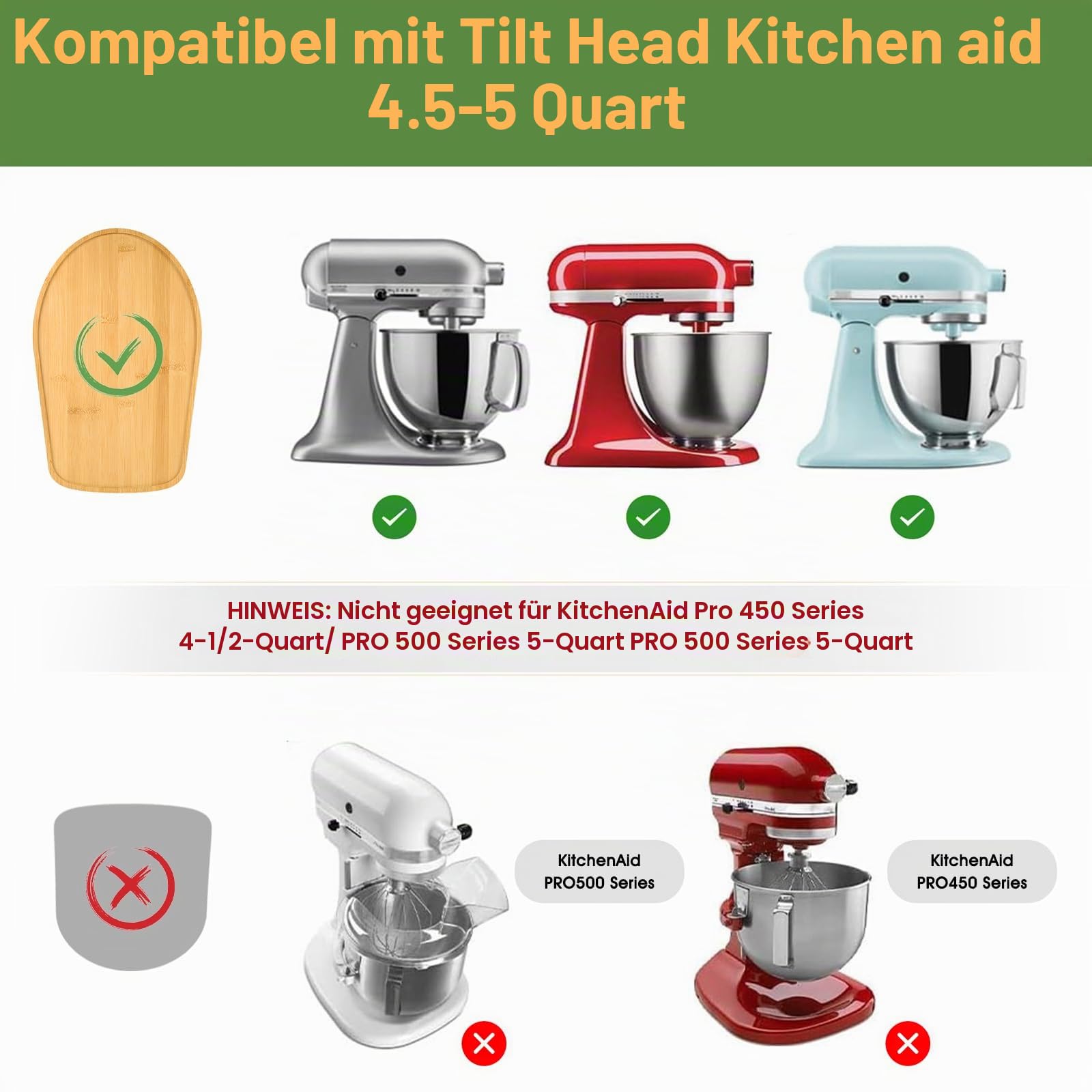 Bamboo Mixer Schieber kompatibel mit Kitchen Aid 4.5/5 Quart Tilt Head Stand Mixer, K45SS Küche Attachment Schiebe Matte