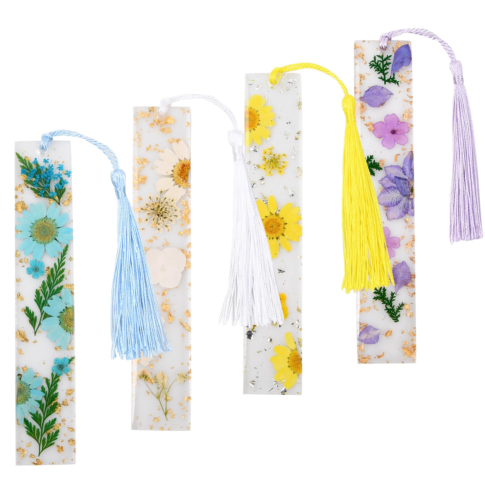 4 Piezas Marcapáginas Marcador de Resina de Flores Secas Marcador de Resina de Flores Secas Naturales con Borla Colorida Marcadores de Flores Transparentes, Adecuados para Amantes de Los Libros