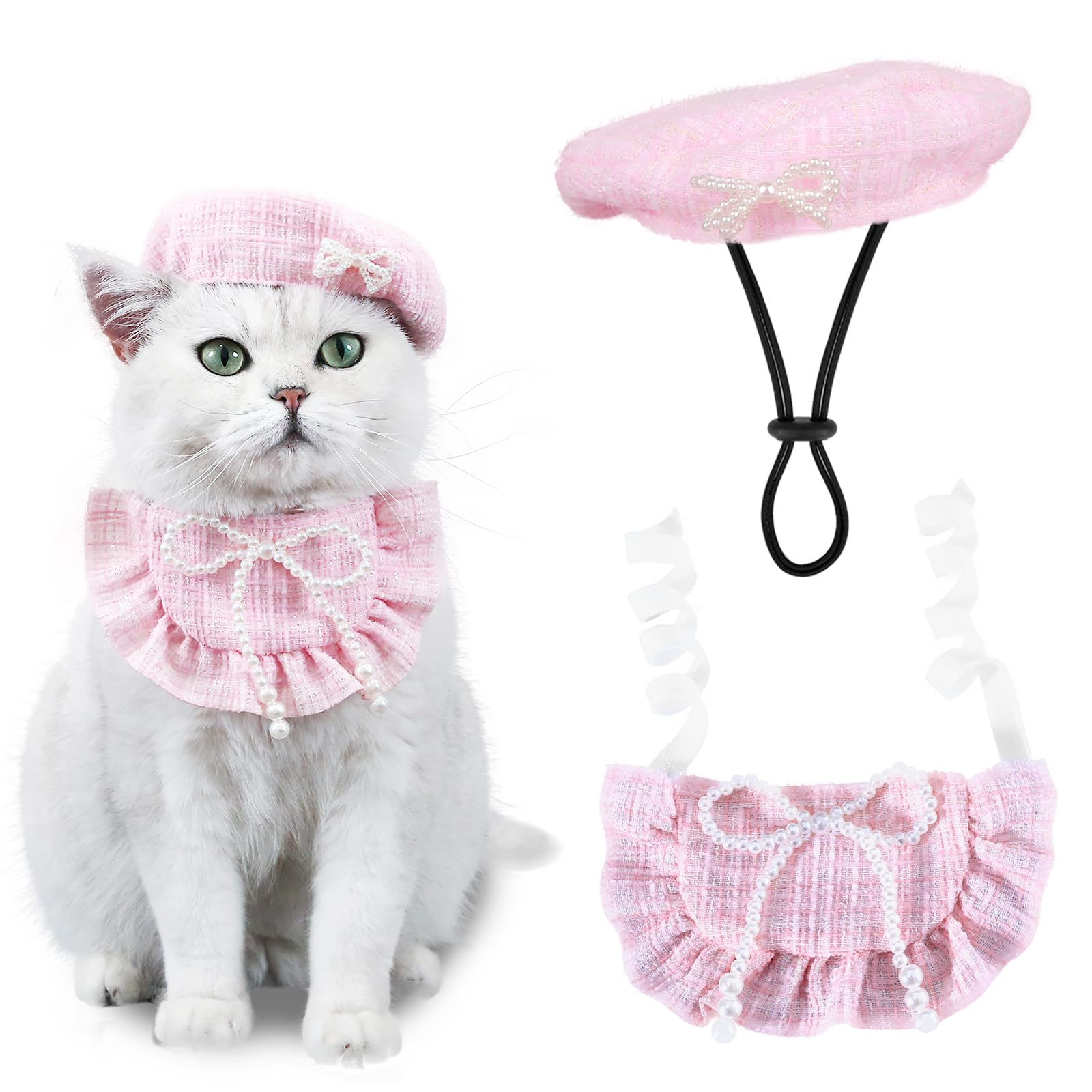HOWWFALY 2PCS Cat Beret Hat with Pearl Bowtie, Adjustable Bandana Scarf Set Pet Princess Costume for Halloween Christmas, Cat Dog Birthday Party