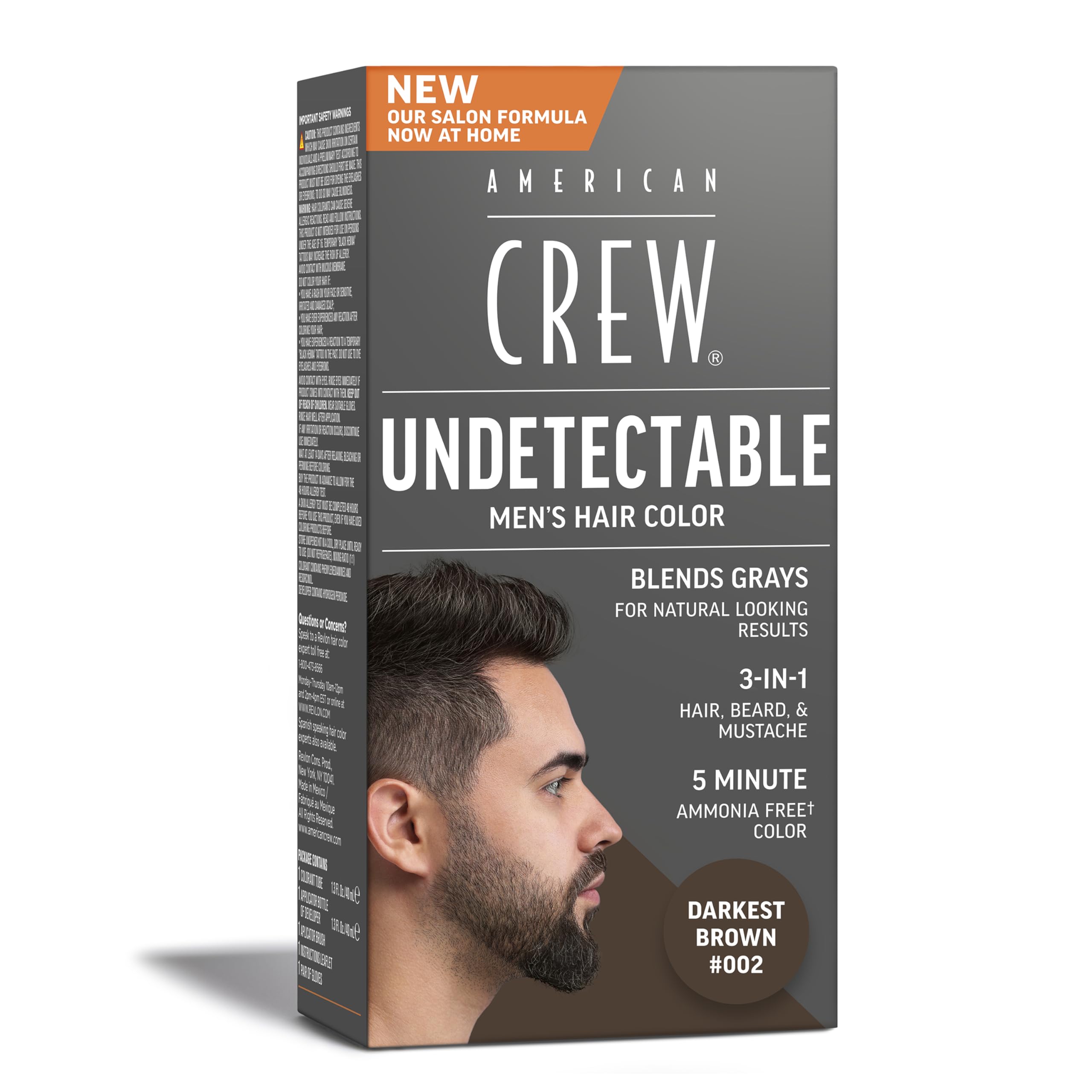 American Crew Undetectable Mens Hair Color, Demi-Permanent Dye, Natural-Looking Gray Coverage for Men, Ammonia-Free, 002 Darkest Brown, 1 pack