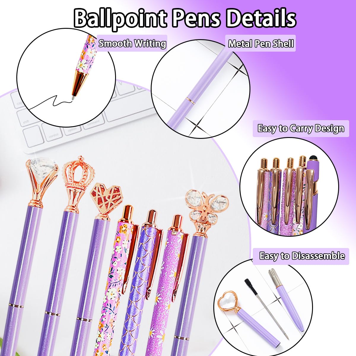XingyLi 28Pcs Purple Pen Crystal Diamond Ballpoint Pens Set - Image 4