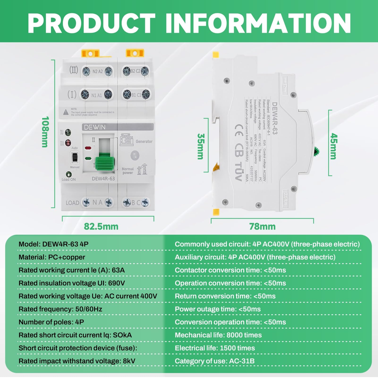 DEWIN Interruptor de Transferencia,4P 63A AC 400V Interruptor de Transferencia Automática ATS Conmutador de Transferencia Automática de Doble Potencia DEW4R-63