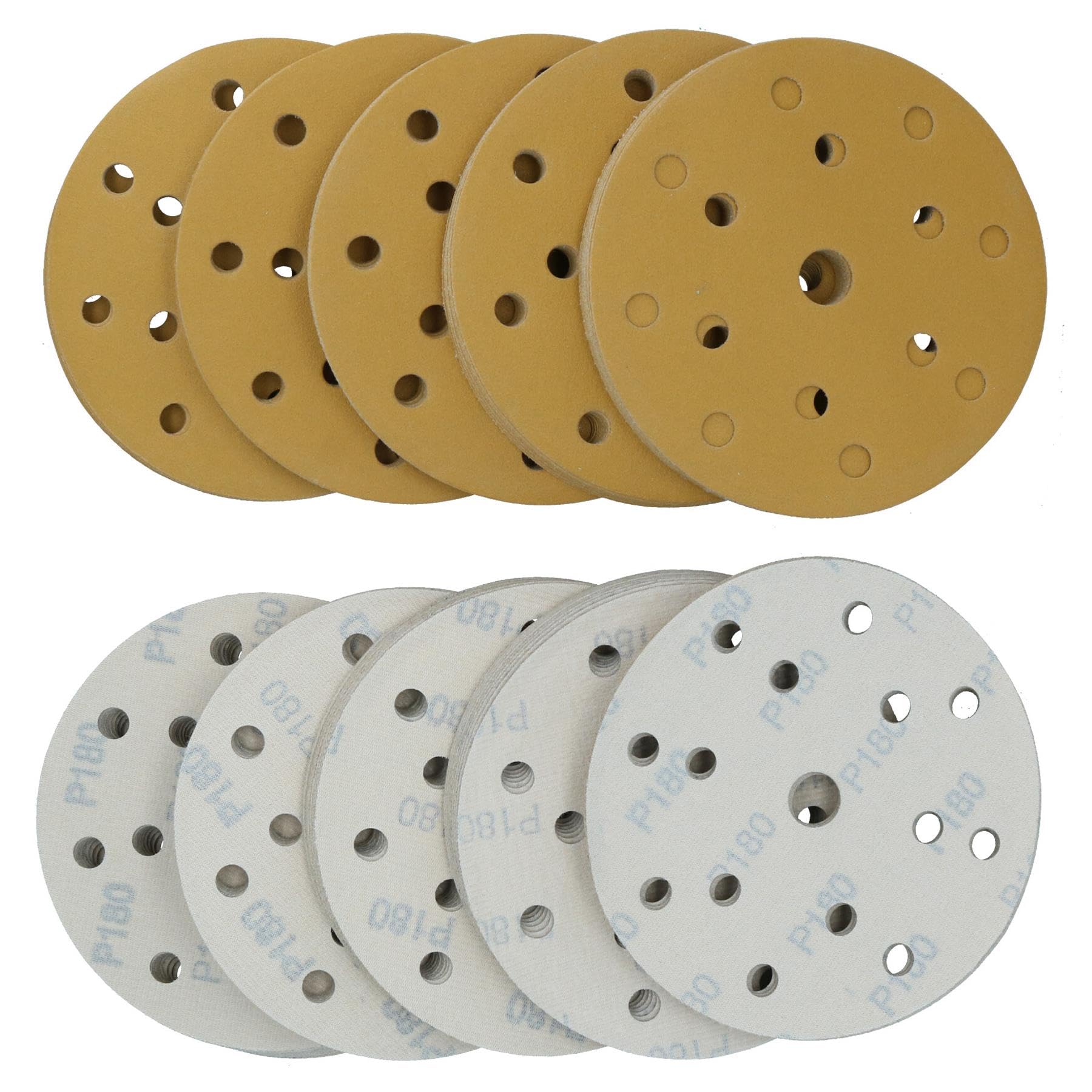 Discos de lijado de 150 mm, óxido de aluminio abrasivo, grano 180, gancho de 15 agujeros + bucle, 200 unidades