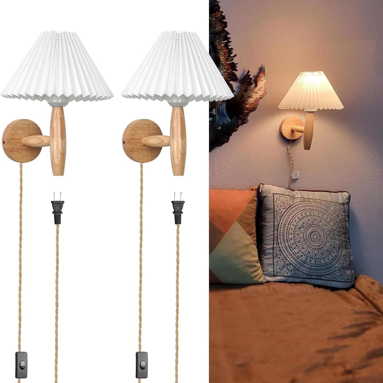 AoLa Holz Wandleuchte mit Weißer Stoffschirm E27 Vintage Wandlampe mit 2.5M Hanfseil Kabel und Schalter Plissiertem Design Nachttischlampe Innen Rustikal für Loft Schlafzimmer Wohnzimmer Flur,1 Stück