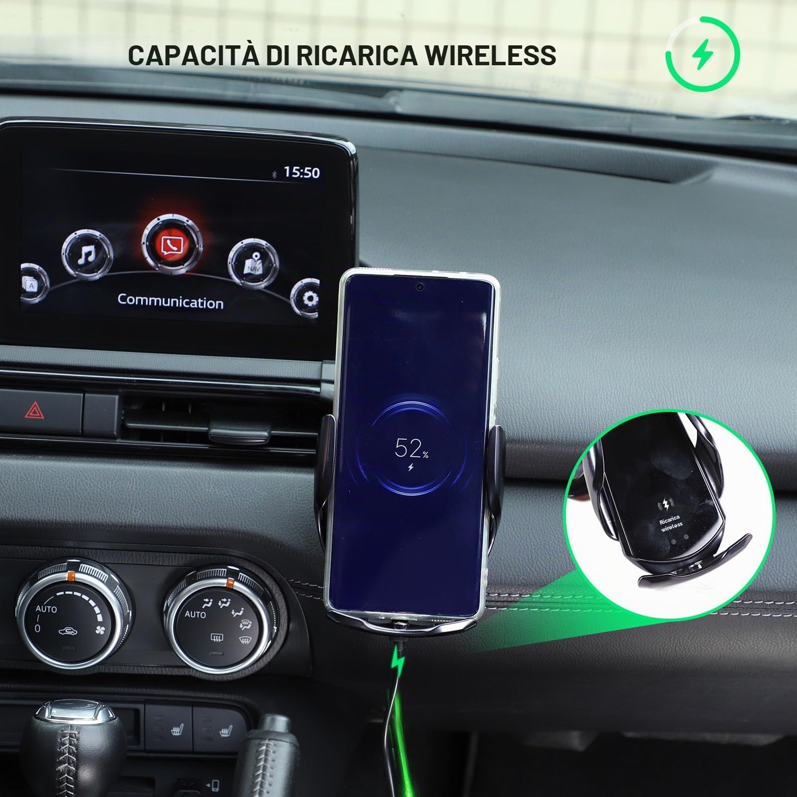 Supporto per telefono da auto per Mazda MX-5 ND 2016-2024 al centro della bocchetta dell'aria sul lato destro, ruotabile, fisso, per auto, adatto per iPhone, Android e smartphone universale (ricarica