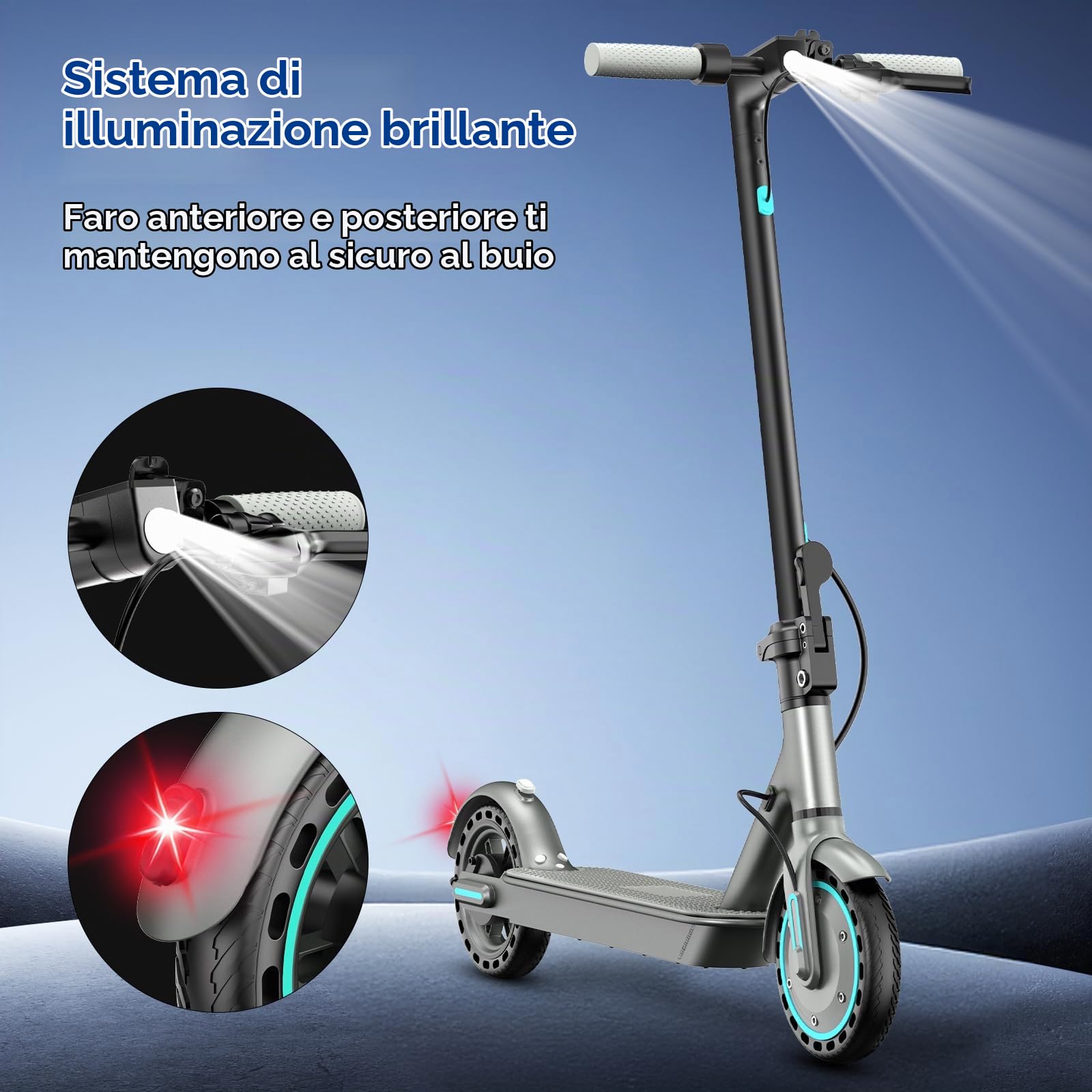Monopattino Elettrico per Adulti, Pneumatici 10", Motore Potente 350W, Autonomia fino a 35 km, Velocità Massima 25 km/h, Doppio Sistema di Illuminazione e Freni a Tamburo, Controllo via App Smart