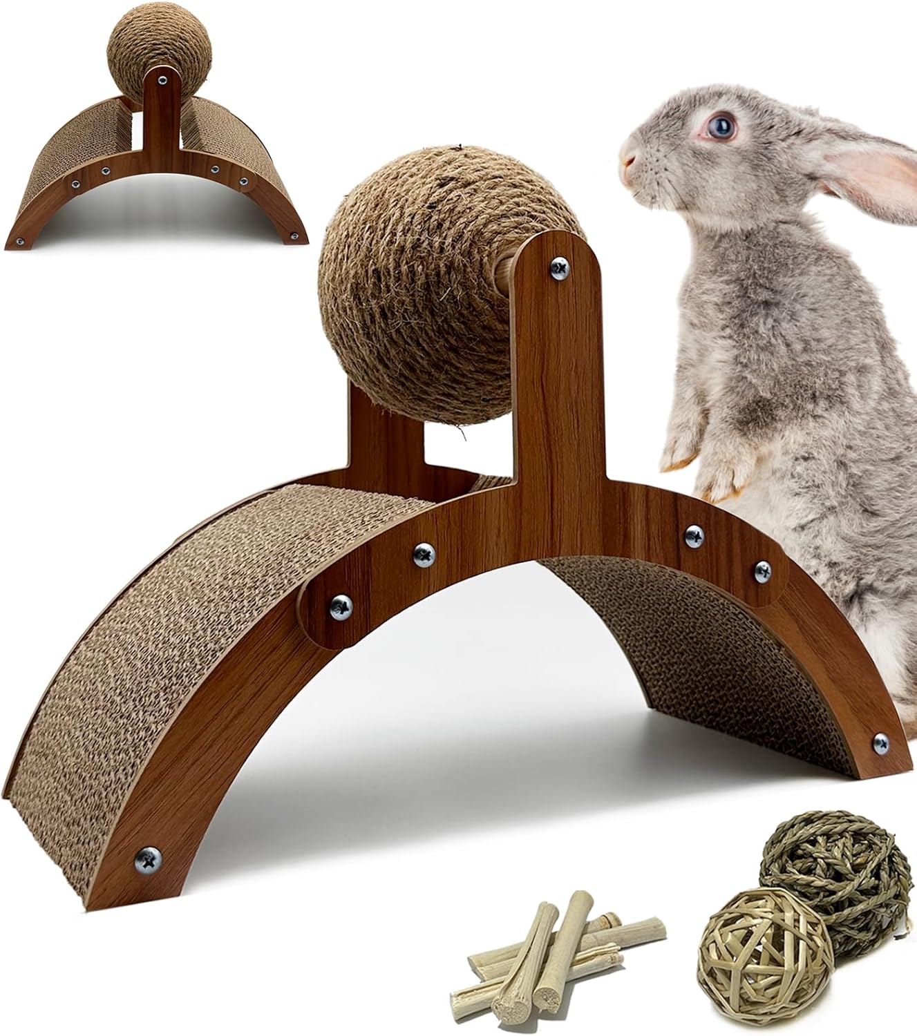 Rabbit Scratch Toys, Natural Sisal Bunny Scratching Cardboard Pad and Scratcher Ball, 2-in-1Pet Enrichment Interactive Toy for Indoor Bunnies Ferrets Chinchillas Small Animals Boredom Breaker