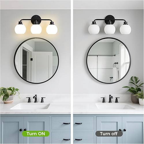 Miniatura 8 de Lámparas de baño doradas para tocador, 3 luces, apliques de pared, luces de latón cepillado con pantalla de cristal de globo de leche, lámpara de