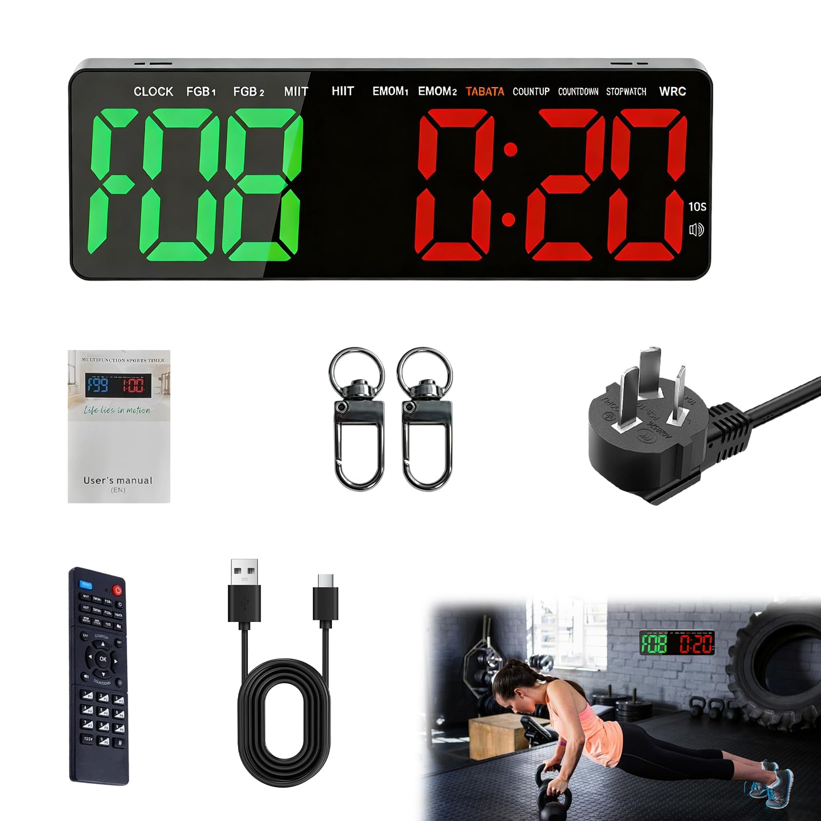 16.5" Gym Timer, Large LED Digital Gym Clock with Stopwatch, Count Down/Up, Remote Control Fitness Interval Timer with USB-C Cable and UK Plug, for TABATA, EMOM, FGB, Indoor and Outdoor