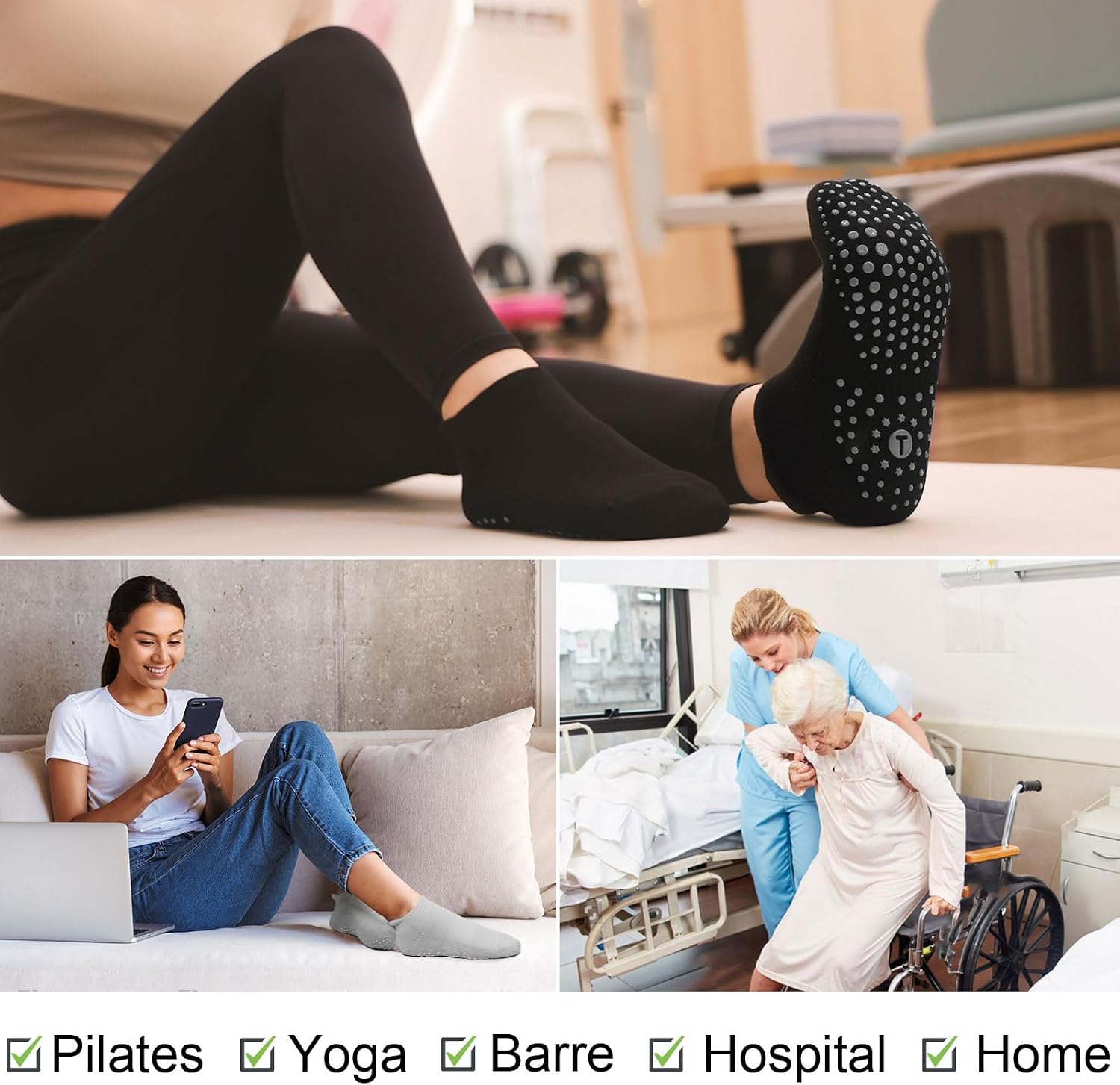 Toes Home Pilates Socks for Women, Cushioned Ankle Grippy Non Slip Socks for Yoga, Hospital, Barre, Home Slipper 2/4 Pairs