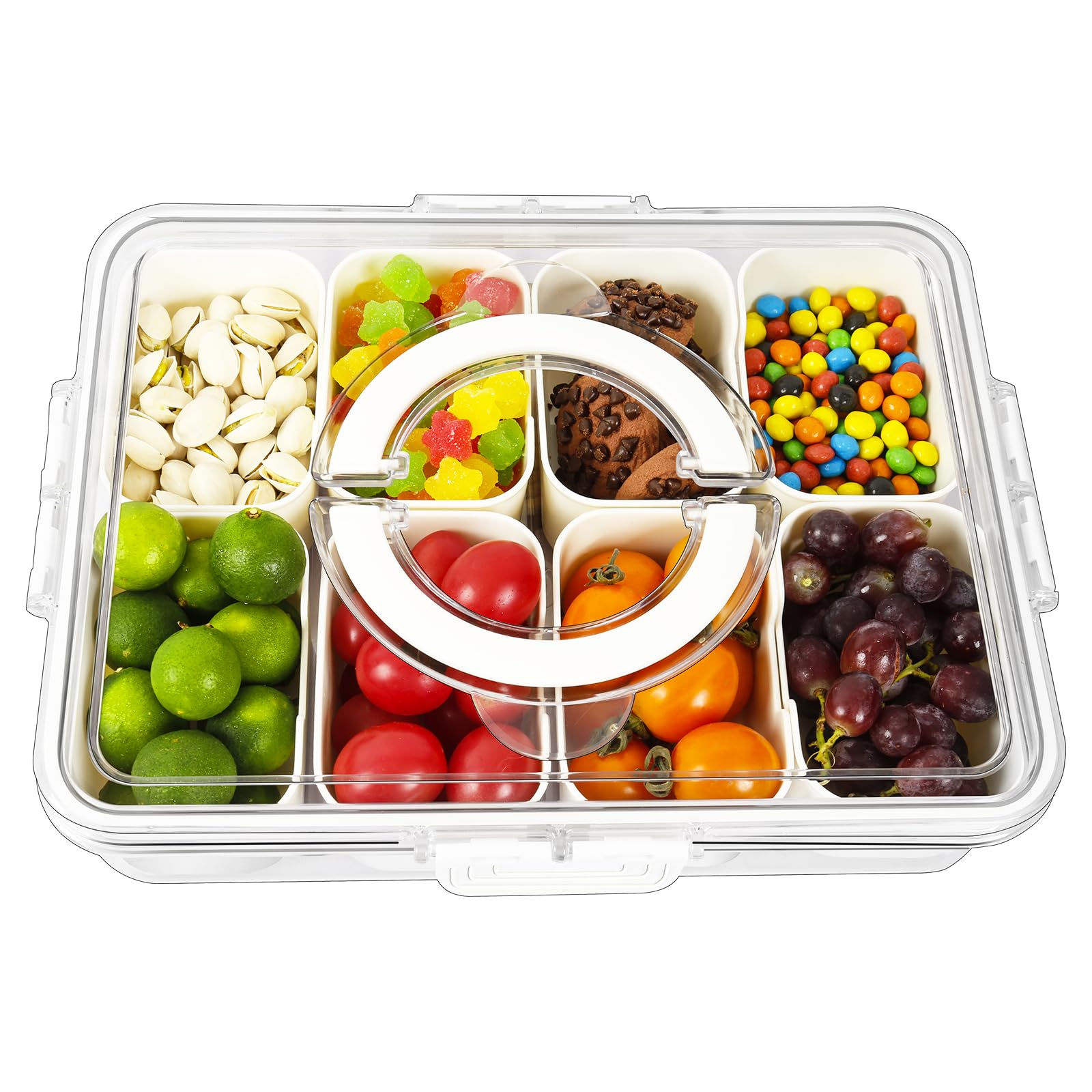 Recipiente para aperitivos con tapa hermética, 1 paquete de bandeja dividida de almacenamiento de alimentos, organizador de múltiples compartimentos para verduras, frutas y aperitivos, apilable, sin