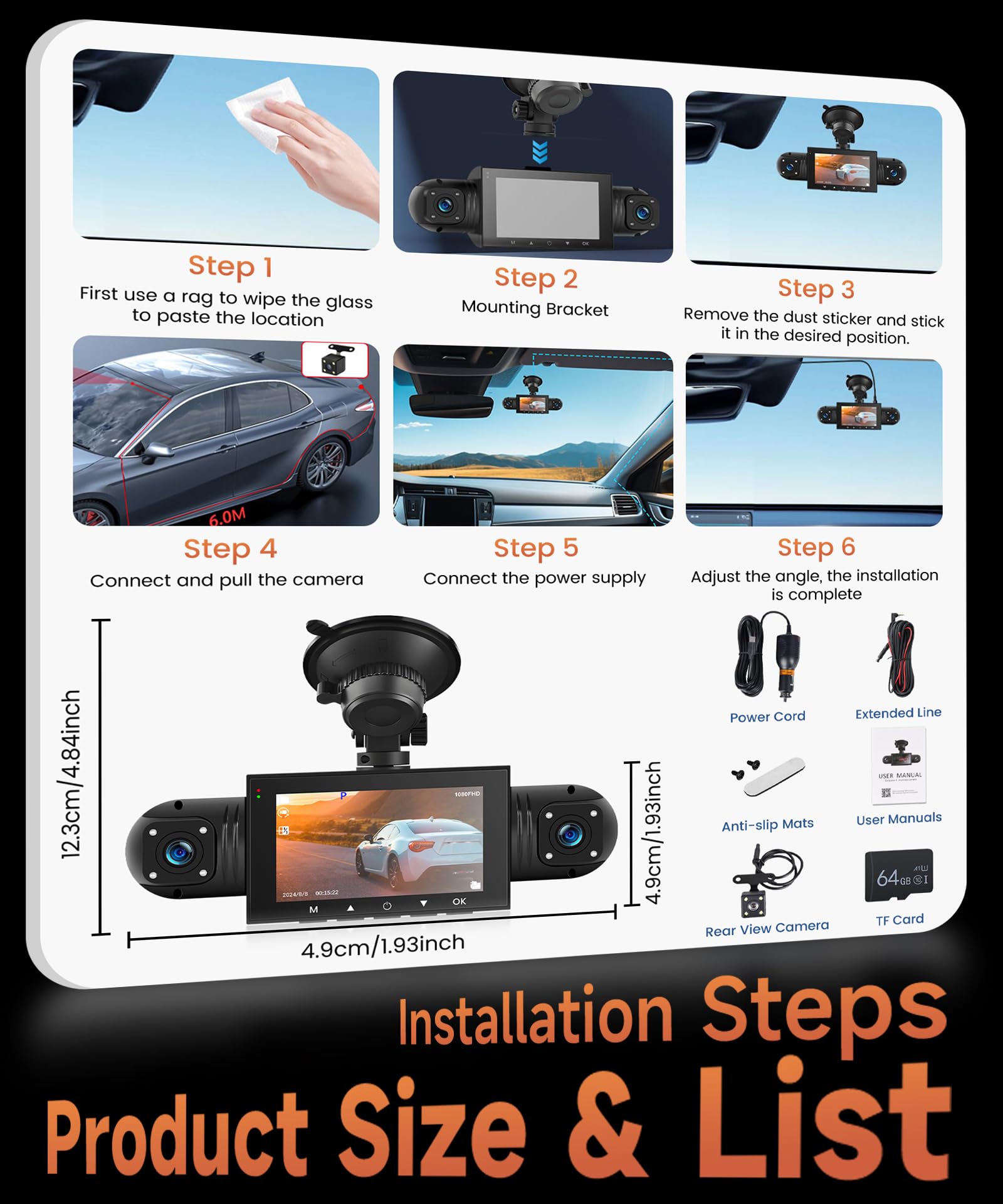4 Canali Dashcam Auto 360°, 4 Telecamera HD 1080P Anteriore e Posteriore Sinistra Destra, 3 Pollici 1080P Dash Cam con 8 IR Visione Notturna/Loop video/24H Parcheggio Monitor/G-Sensore