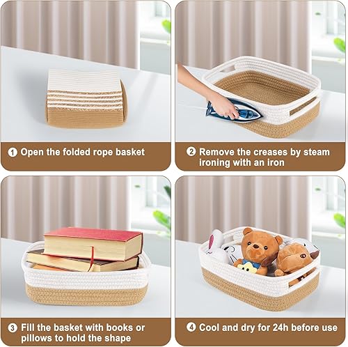 Miniatura 5 de Cestas tejidas para organizar con asas, cestas de almacenamiento de cuerda de algodón natural de 12 x 8 x 5 pulgadas para estantes, cesta